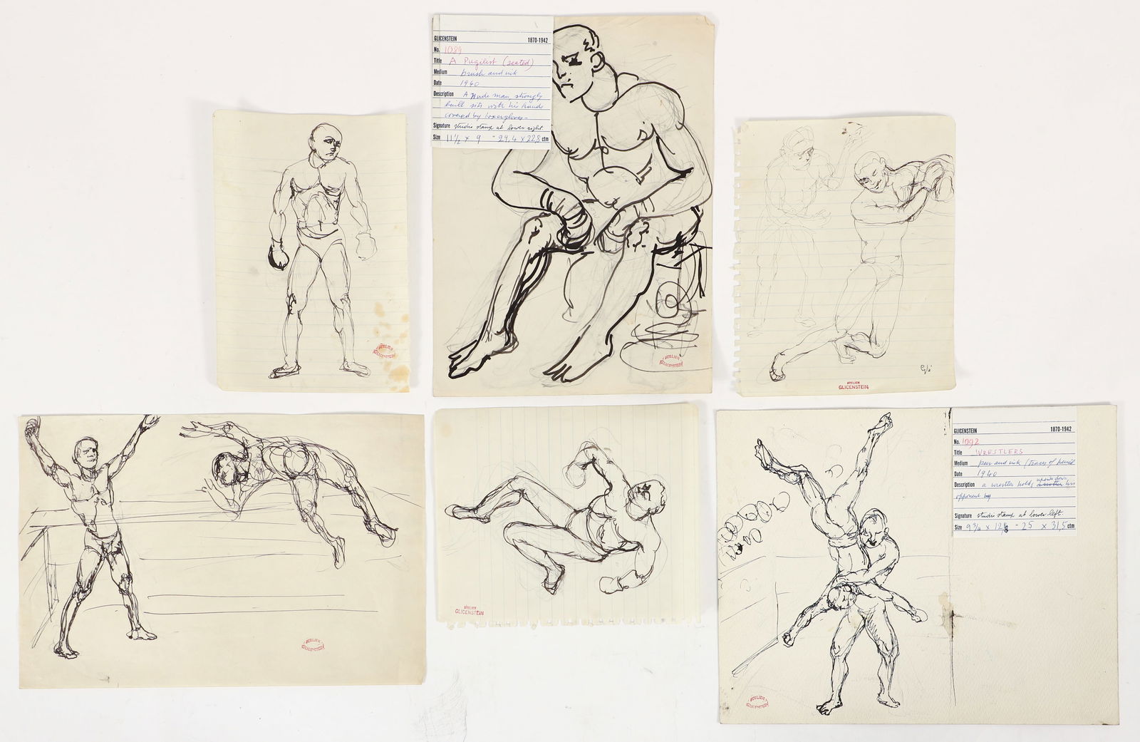 6 Enrico Glicenstein Boxer and Wrestler Drawings: Glicenstein, Enrico (Henryk) (Polish/Jewish/American, 1870-1942), Group of 6 Boxer and Wrestler Drawings, 1940, ink and pencil on paper, all with estate stamp, some with drawings at reverse, ranging i