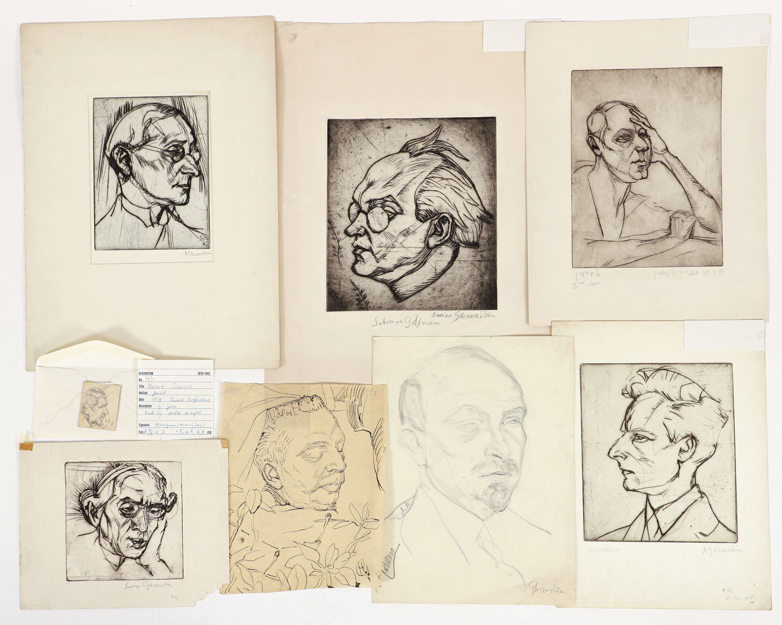 8 Enrico Glicenstein Portraits of Jewish Public Figures: Glicenstein, Enrico (Henryk) (Polish/Jewish/American, 1870-1942), Group of 8 Portraits of Jewish Public Figures, Artists and Politians: Chaim Weizmann (former President of Israel), Perez Hirschbein (p