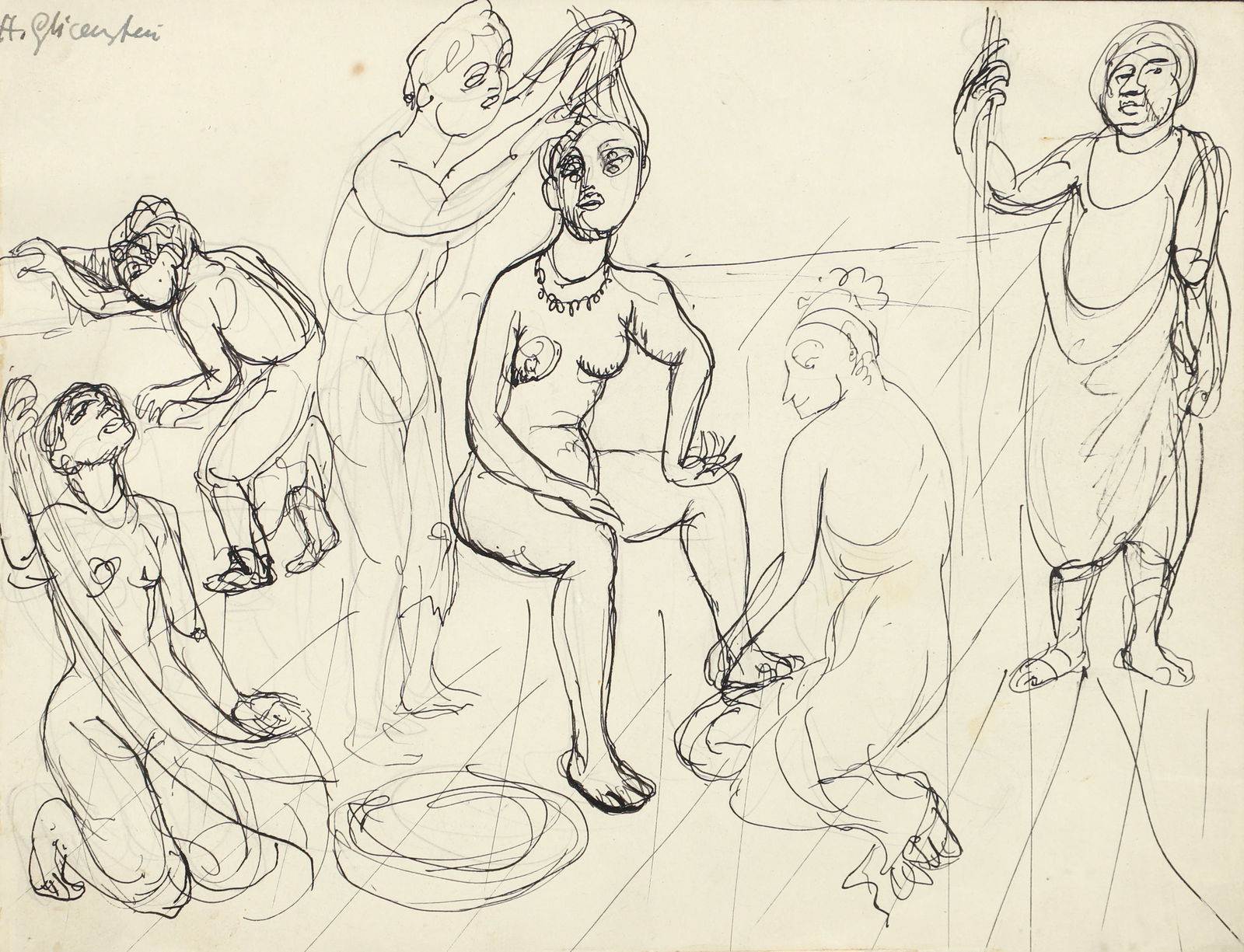 Enrico Glicenstein Ink Drawing Queen Esther from Purim Story (1 of 4)