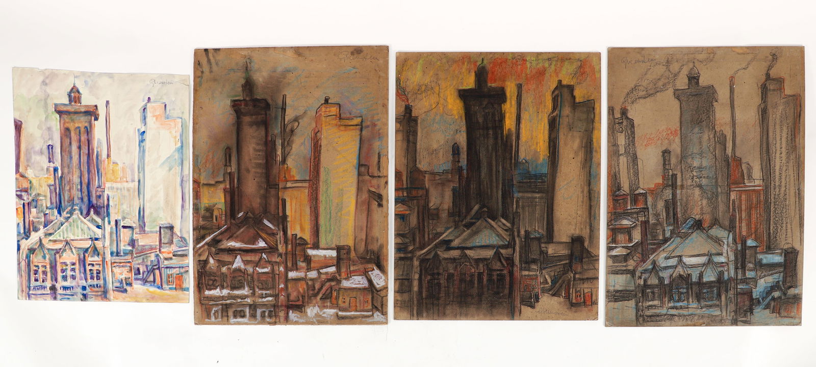 4 Enrico Glicenstein Towers of Chicago Watercolor and Pastels: Glicenstein, Enrico (Henryk) (Polish/Jewish/American, 1870-1942), 4 pc Towers of Chicago, includes watercolor and three pastel drawings on board, 1929 and 1930, all signed, some with sketches at rever