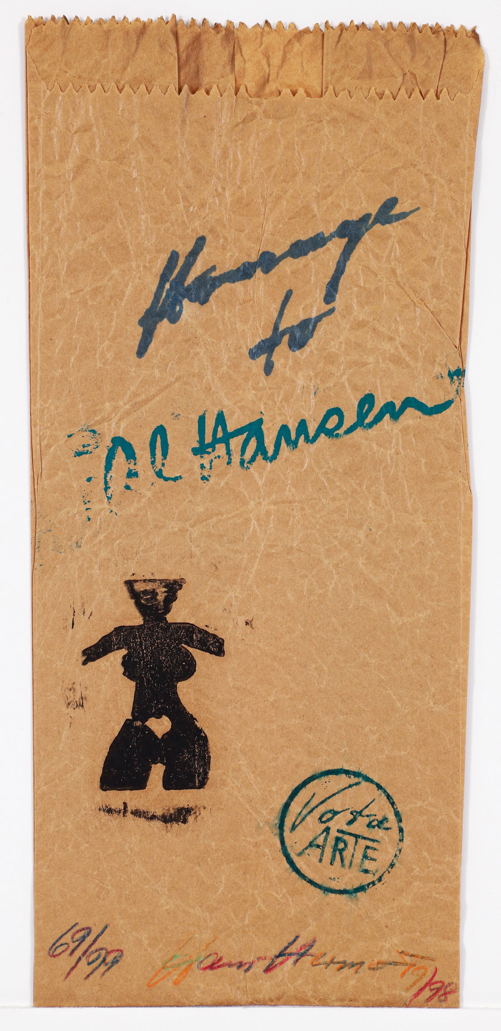 Hans-Hermann T. Signed Fluxus Multiple Homage to Al Hansen 1998: Hans-Herman T. (German, b.1952), Homage to Al Hansen, 1998, mixed media with marker, screenprint, block print and color pencil on an Italian brown paper bag, signed, dated and numbered 69/99 at the bo