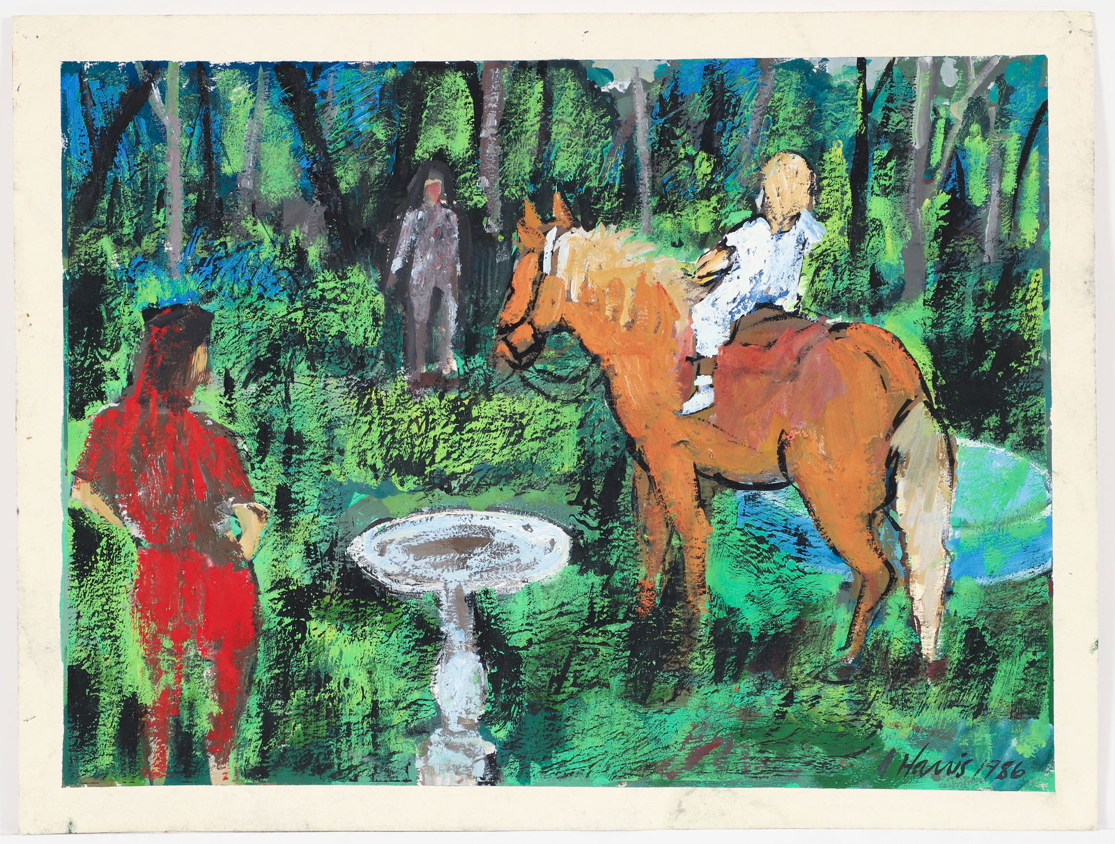 Frank Harris 1986 oil on paper Untitled: Harris, Frank (American/Pittsburgh, Contemporary), Backyard Scene, 1986, oil and mixed media on paper, 13 x 17.5 inches, signed and dated lower right, unframed