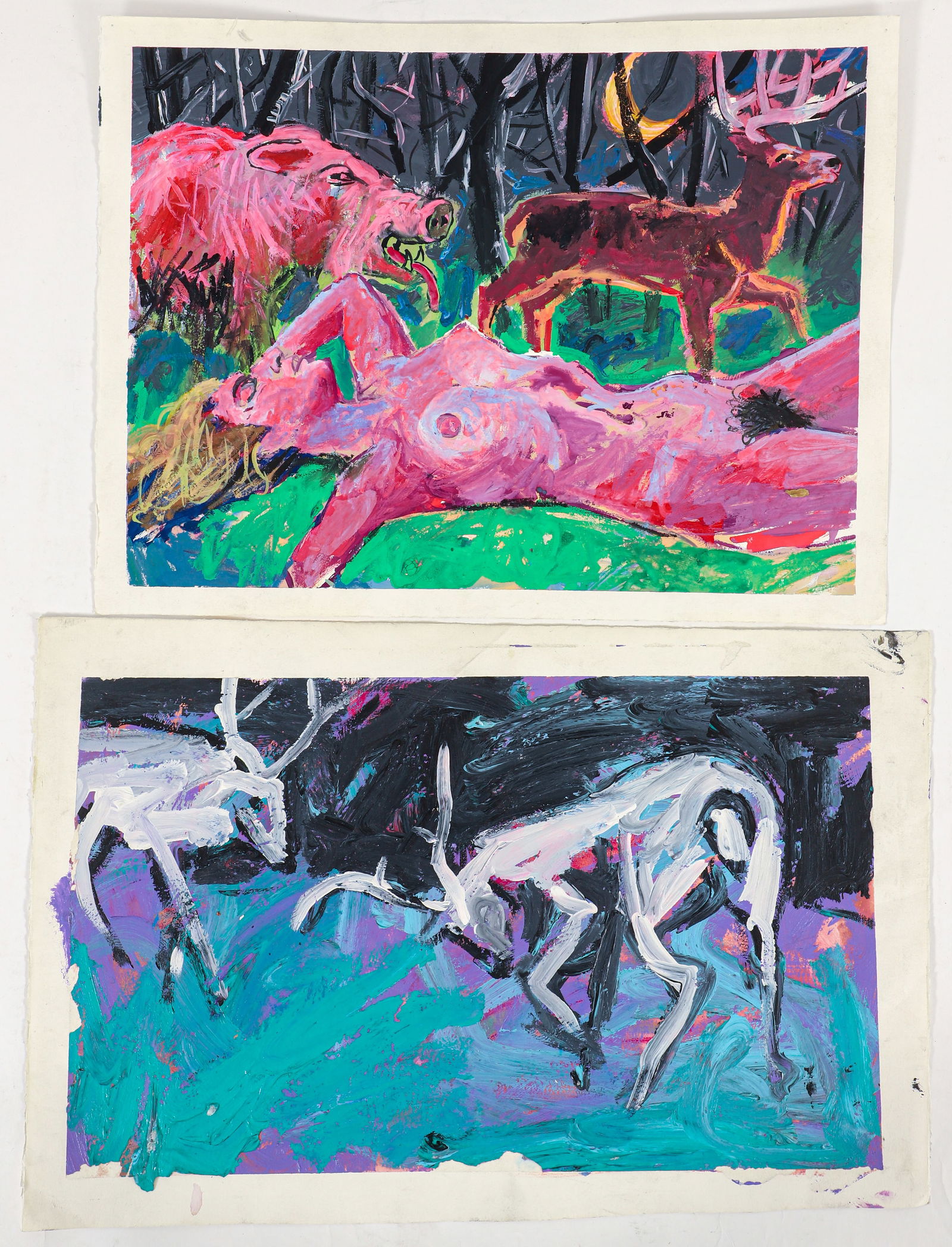 2 Frank Harris oil on paper paintings: Harris, Frank (American/Pittsburgh, Contemporary), Nude, Boar, and Deer in the Forest, oil on paper, 13.5 x 18 inches, Stag Battle, oil on paper, 12 x 20 inches,
