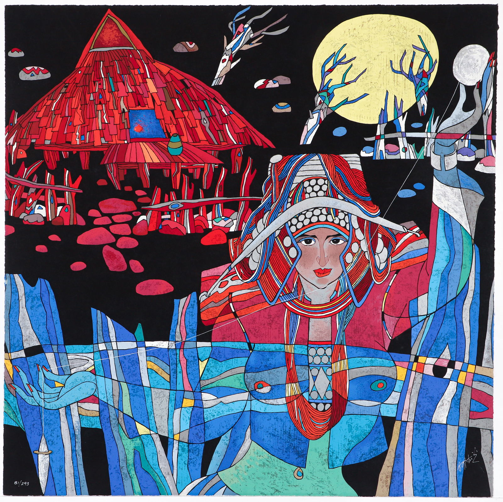 He De Guan orig screenprint Lady with Thread (1 of 3)