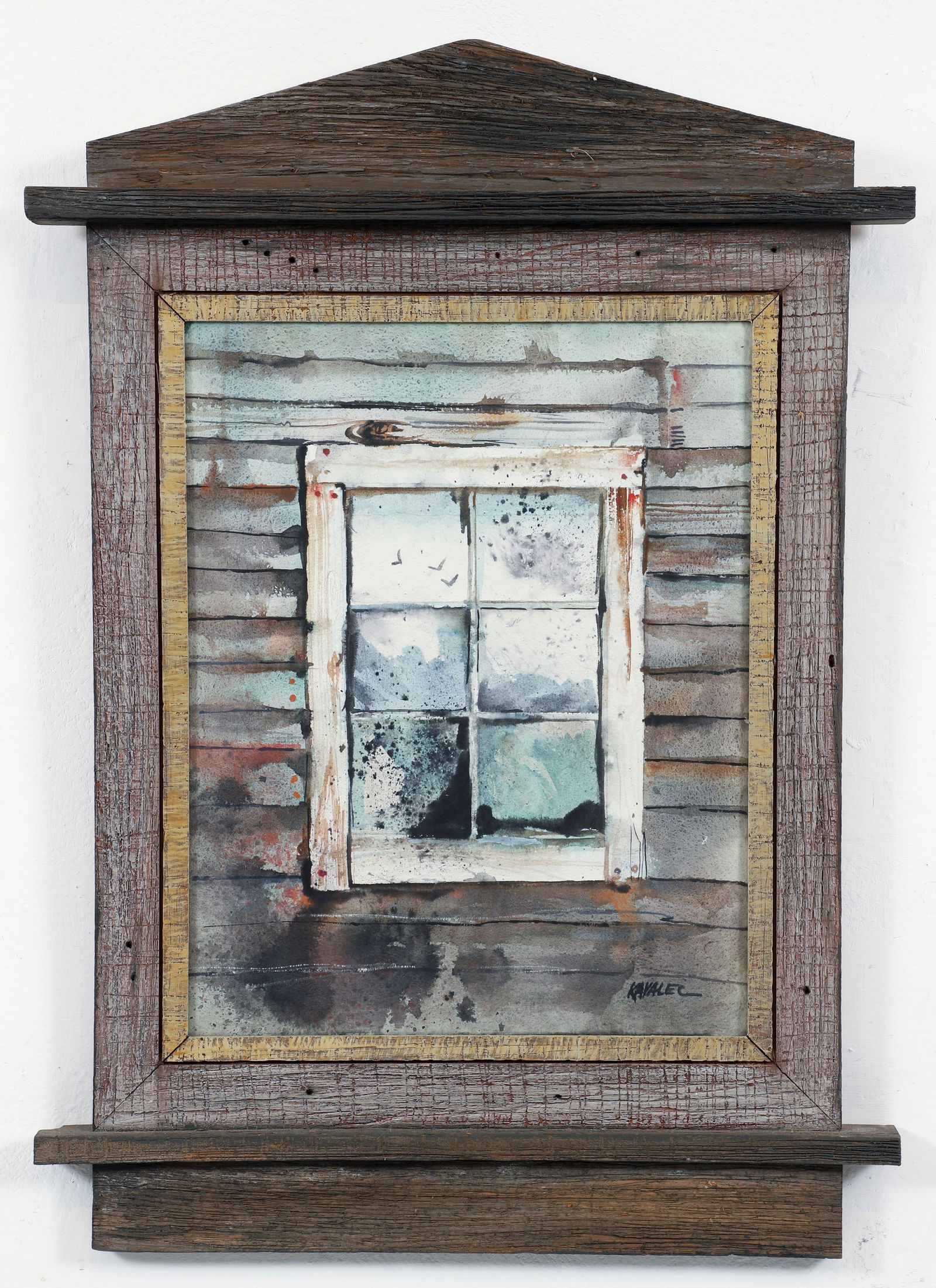 Gregory Kavalec Watercolor on Paper Window: Kavalec, Gregory (American, born 1945), Window, late 20th century, watercolor on paper, signed at lower right. In a custom built frame resembling a window sill, casing, and pediment. Sight 19 x 15 inc
