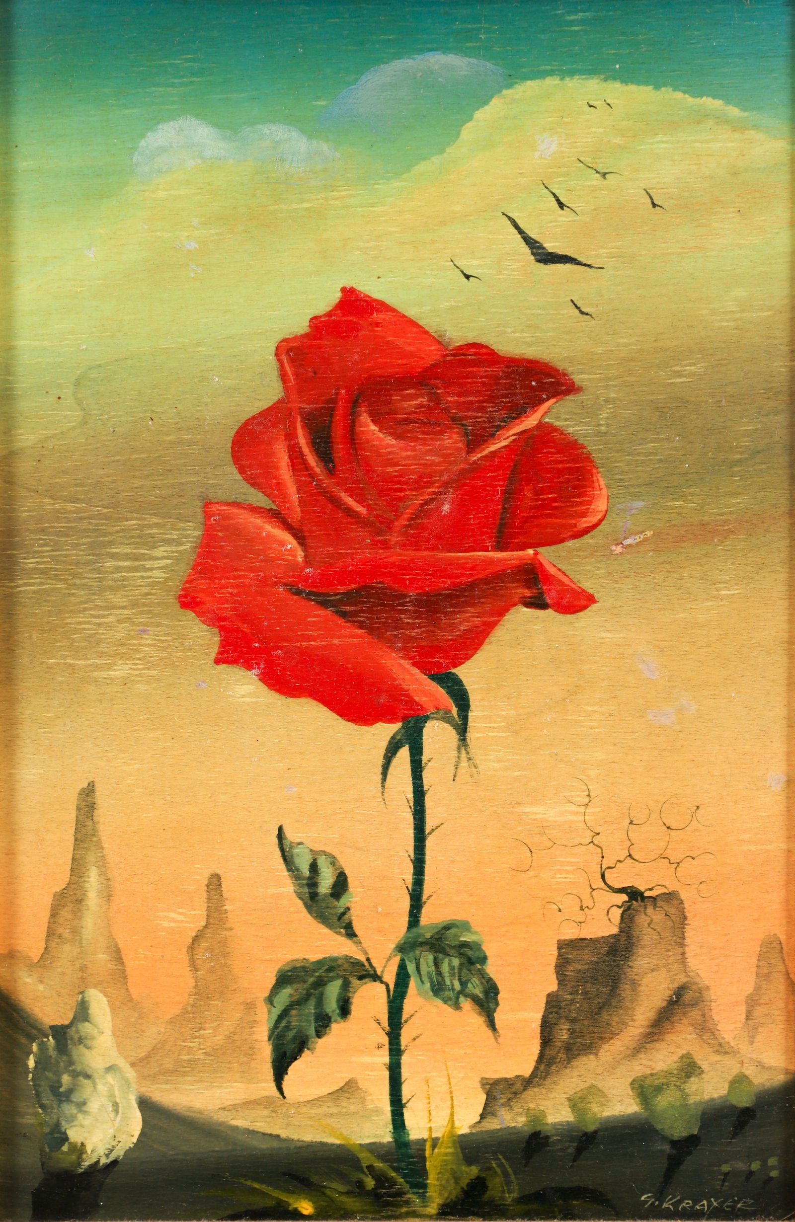 Gino Krayer Surrealist Rose Oil Painting on Panel: Krayer, Gino (Italian, 1906-1971), Rose in Surrealist Scene, undated, c.1950s or 1960s, oil on wood panel, signed lower right, 11.5 x 8 inches, framed 16.5 x 12.5 inches. Krayer exhibited in several V