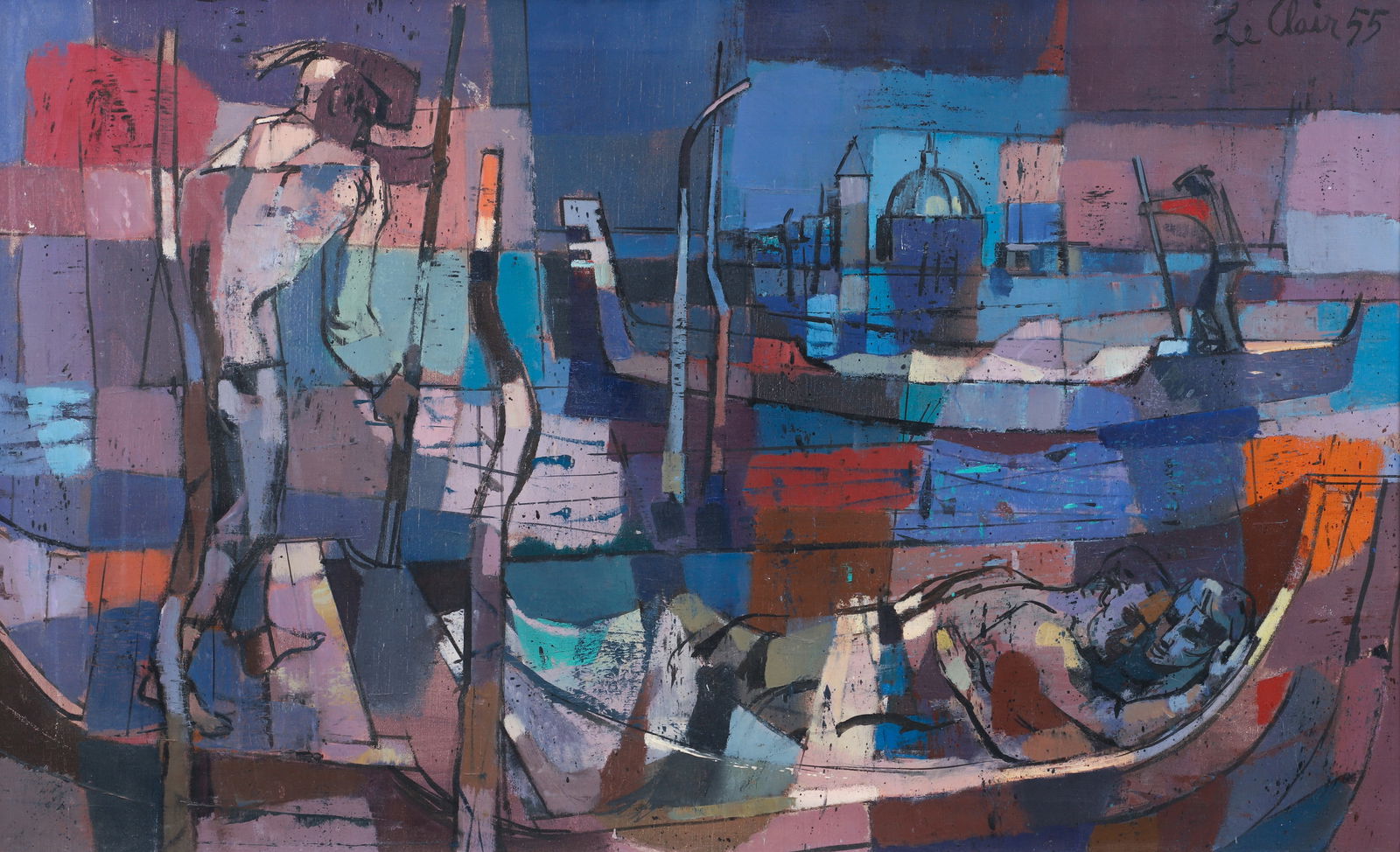 Charles George Le Clair Oil on Canvas Abstracted Venice: Le Clair, Charles George (American/Missouri/Pittsburgh, PA, 1914-2007), Abstracted Venice Scene, 1955, oil on canvas, signed and dated at upper right. 21 x 34 inch canvas, in a 23.5 x 36.5 inch gold t