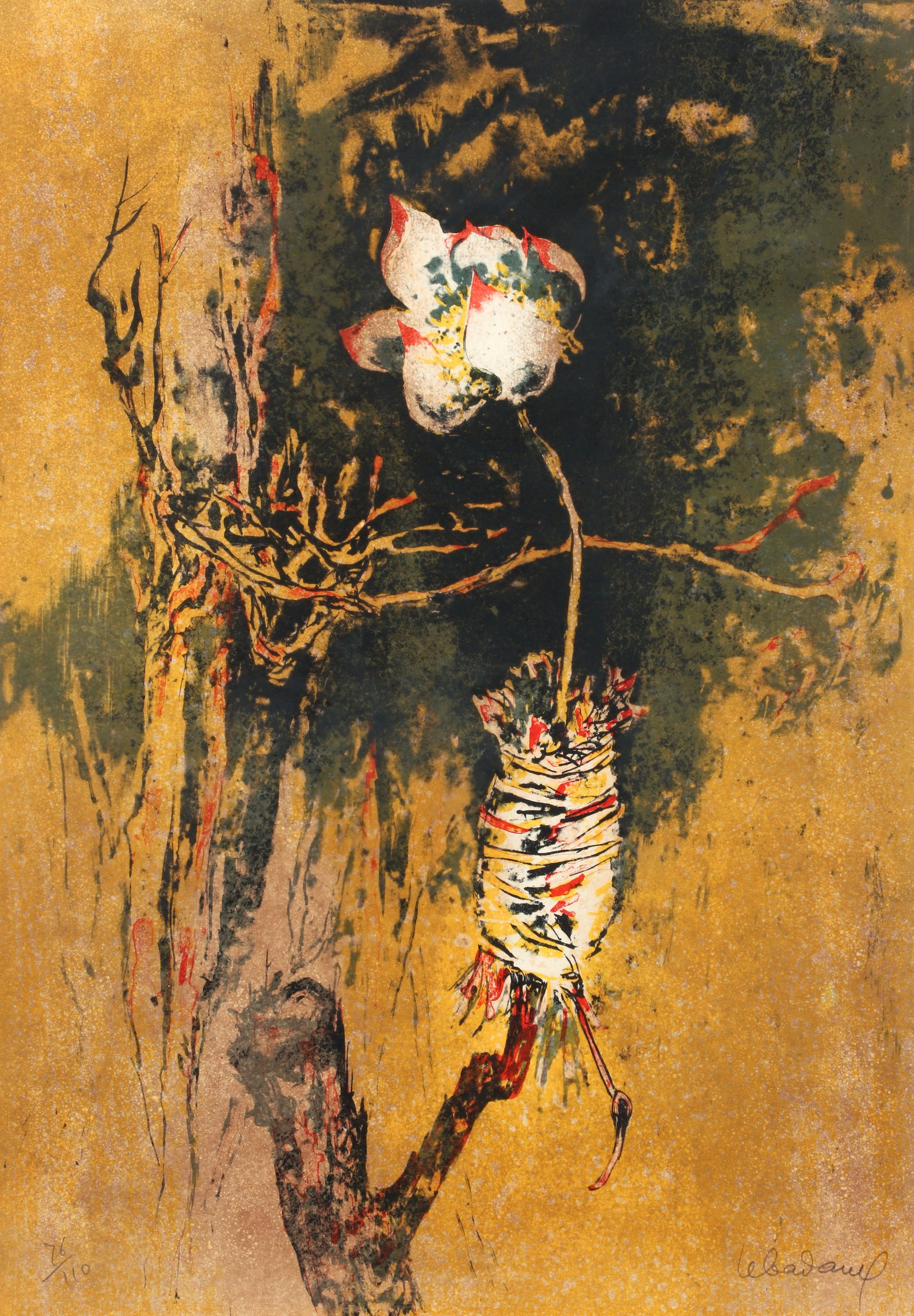 Lebadang signed orig litho Orchid: Lebadang (Vietnamese/French 1921-2015), Orchid, 1980's, lithograph printed in colors, 29.25 x 21 inches, pencil signed and numbered 76/110, framed measuring 42.5 x 34 inches