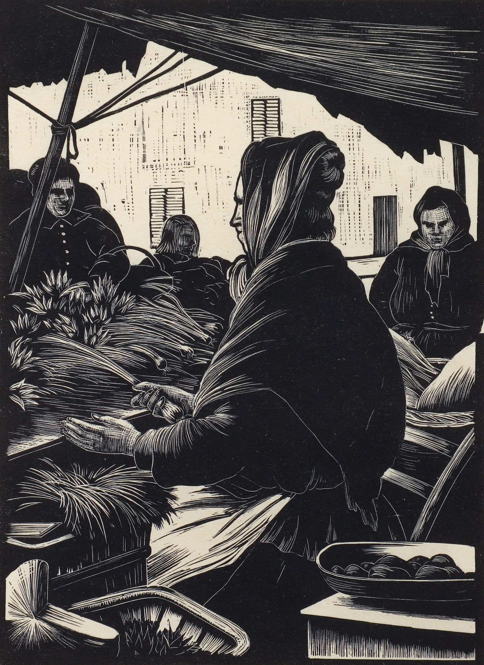 Clare Leighton 1926 wood engraving Vegetable Sellers, Toulon (1 of 3)