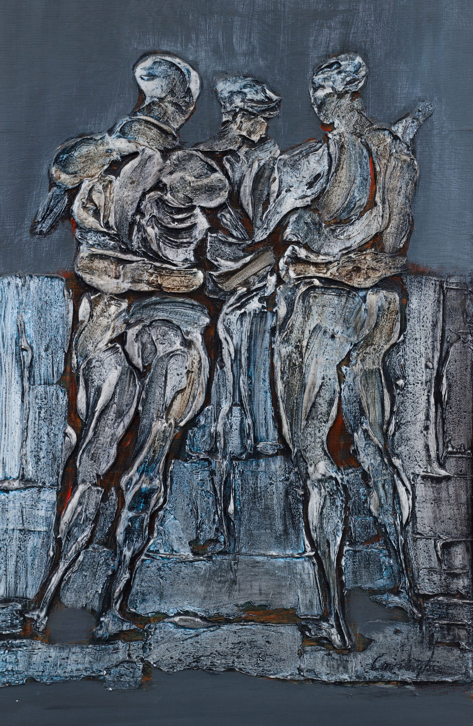 Constantino Leon relief painting Three Figures Blue: Leon, Constantino (20th Century Brazilian), Three Figures Blue, acrylic and media on canvas over board, 36 x 24 inches, signed lower right, framed measuring 41 x 28.5 inches.