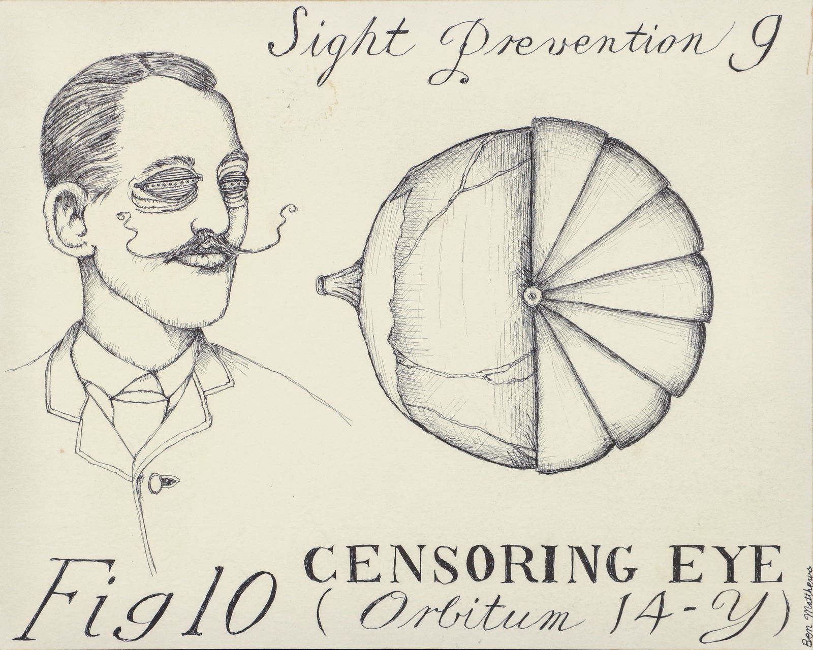 Ben Matthews drawing Sight Prevention 9 - Fig 10 Censoring Eye: Matthews, Ben (Contemporary, Western PA), Sight Prevention 9, ink drawing on card, 8 x 10 inches, signed lower right, framed measuring 16.75 x 20.5 inches, Provenance: Sight Prevention 9 - Fig 10 Cens
