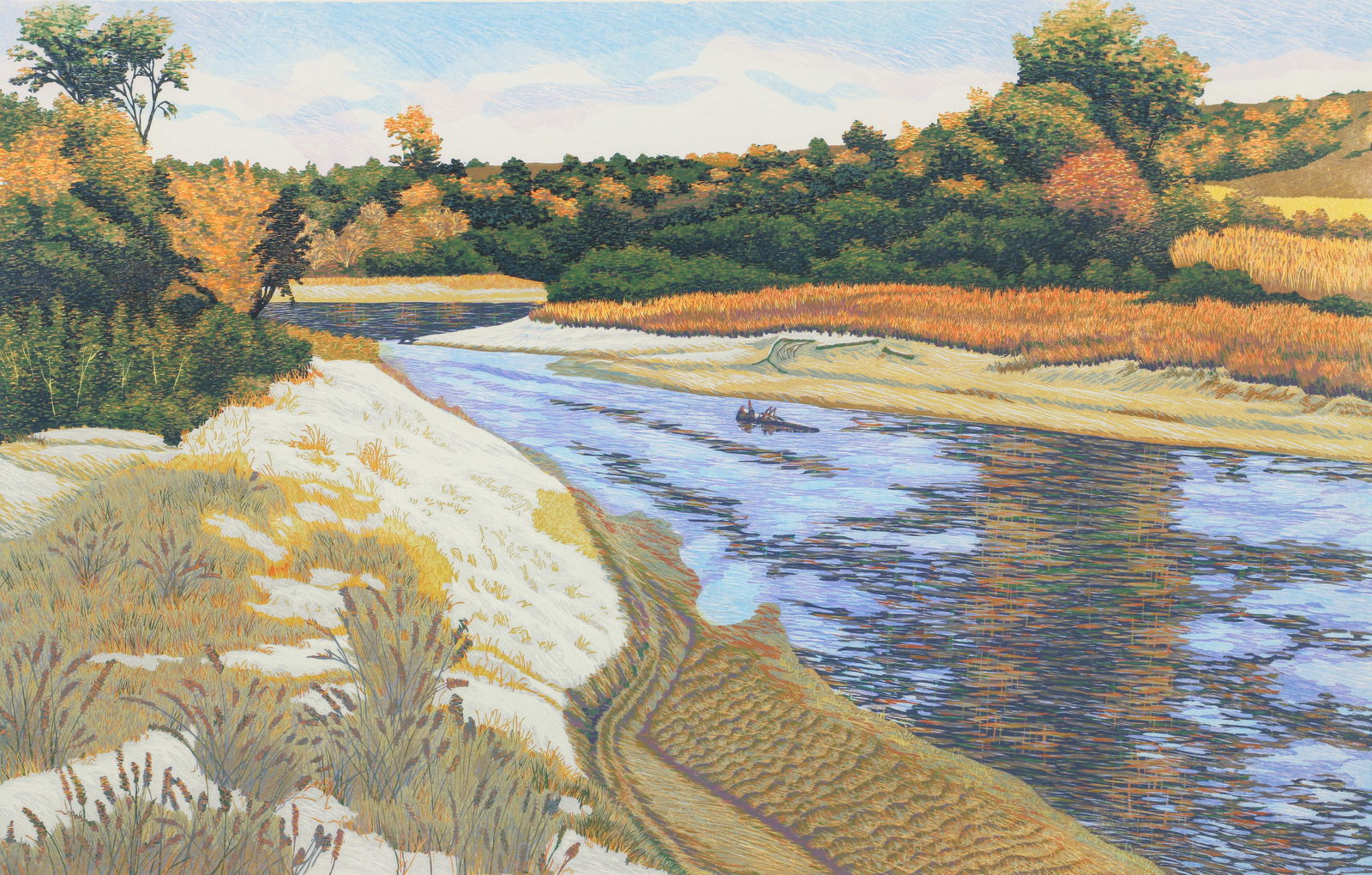 Gordon Mortensen The Little Sioux Woodblock 1984 Signed: Mortensen, Gordon (American, b. 1938), The Little Sioux, 1984, color reduction woodcut, pencil signed, titled, dated, and editioned 112/130 at lower margin, image size 22 x 35.5 inches, framed 33.25 x