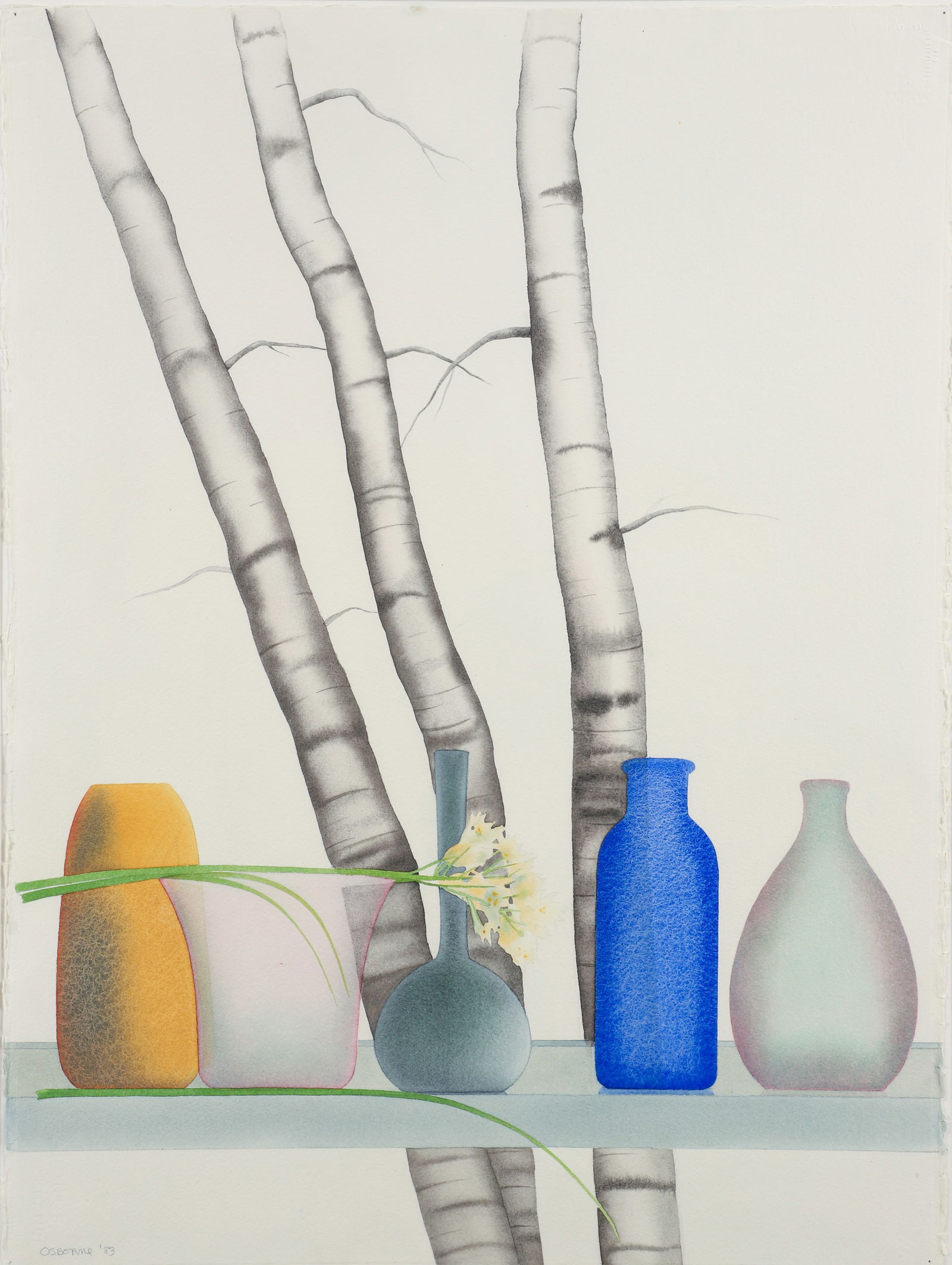 Elizabeth Osborne 1983 watercolor Still Life of Birches and Bottles: Osborne, Elizabeth C. (American, Pennsylvania, born 1936), Still Life with Birches and Bottles, 1983, watercolor, 30.5 x 22.5 inches, signed and dated lower left, Provenance: Fischbach Gallery, New Yo