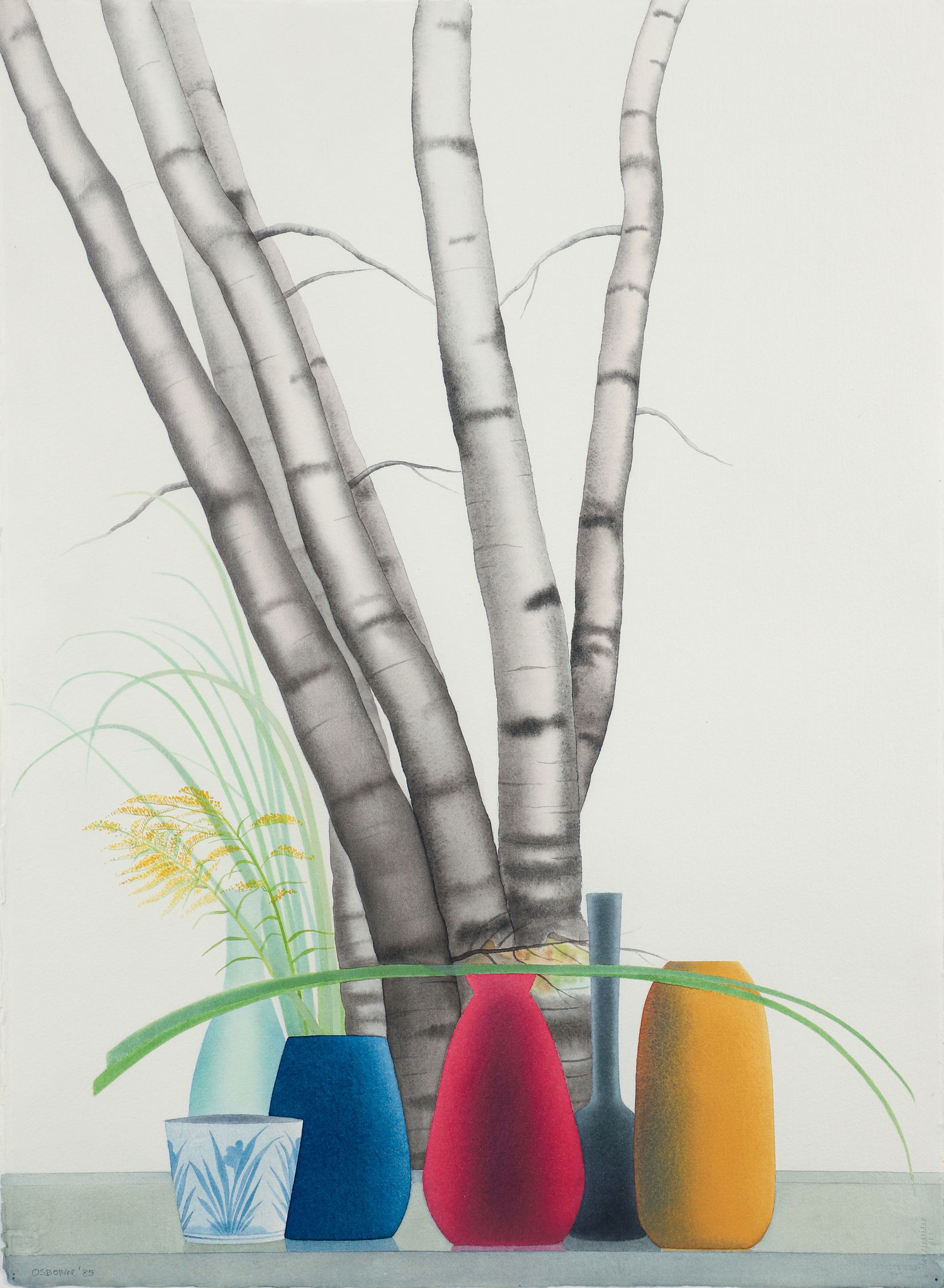 Elizabeth Osborne 1983 watercolor Still Life of Birches and Wild Flowers: Osborne, Elizabeth C. (American, Pennsylvania, born 1936), Still Life with Birches and Wild Flowers, 1983, watercolor, 30.5 x 22.5 inches, signed and dated lower left, Provenance: Fischbach Gallery, N