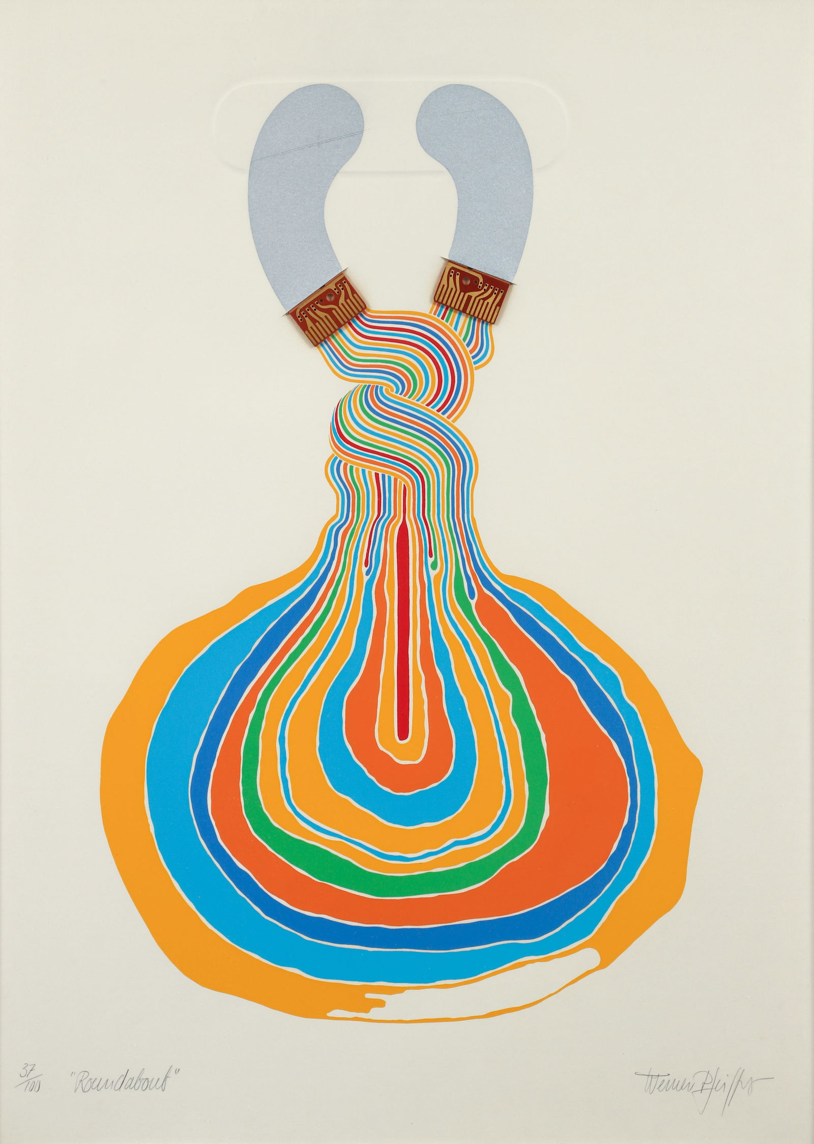 Werner Pfieffer Roundabout Lithograph on Paper: Pfieffer, Werner (German/American, b. 1937), Roundabout, 1976, serigraph on paper with embossment and inserted wooden elements. Editioned 37/100 and signed in pencil along lower edge. Sheet approximat