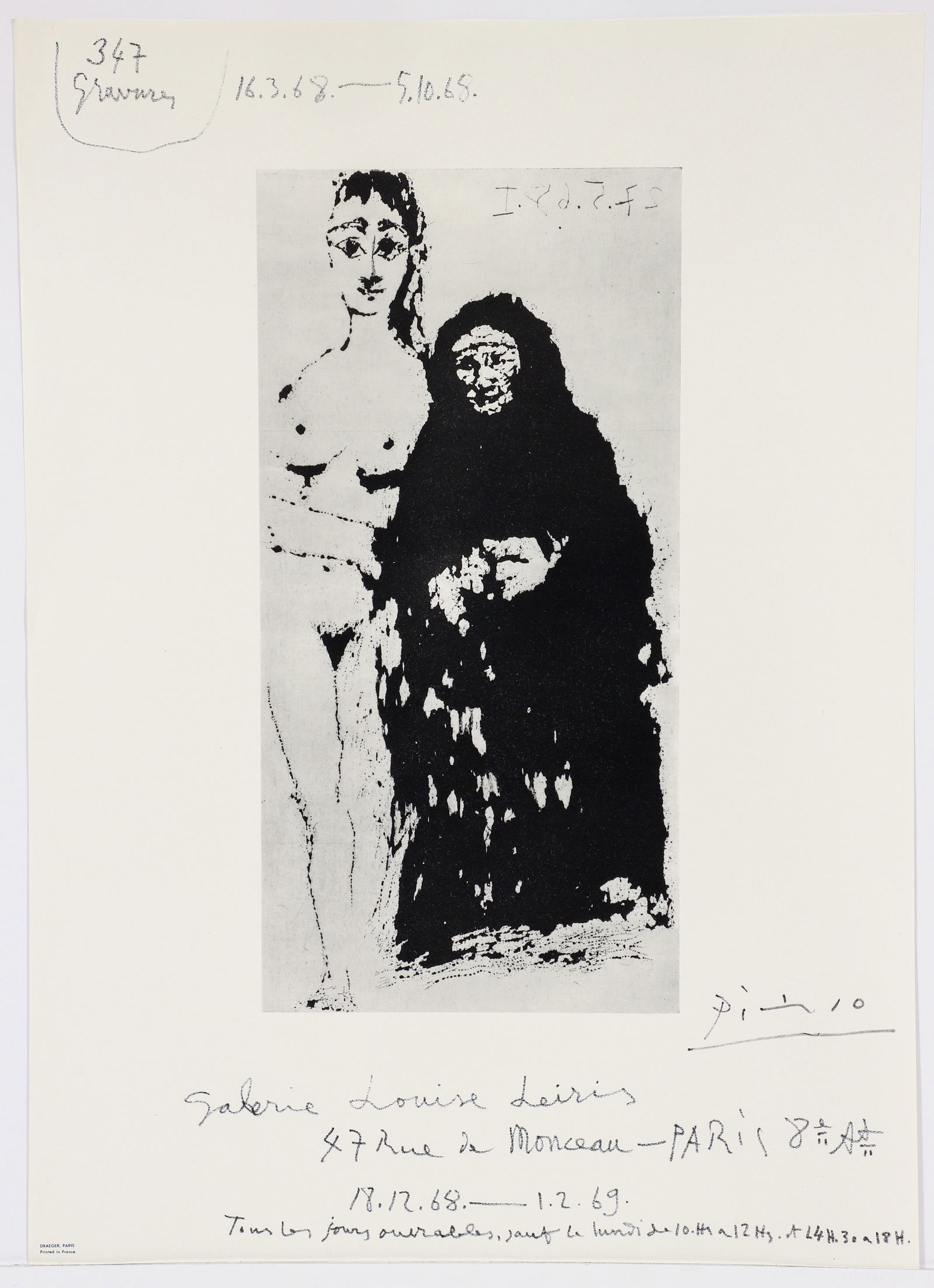 Pablo Picasso 347 Gravures 1968 Paris Exhibition Poster: Picasso, after Pablo (Spanish, 1881-1973), 347 Gravures exhibition poster for Galerie Louise Leiris, Paris, 1968-69, offset lithograph, signed in the plate lower right, edition of 1250, printed by Dra