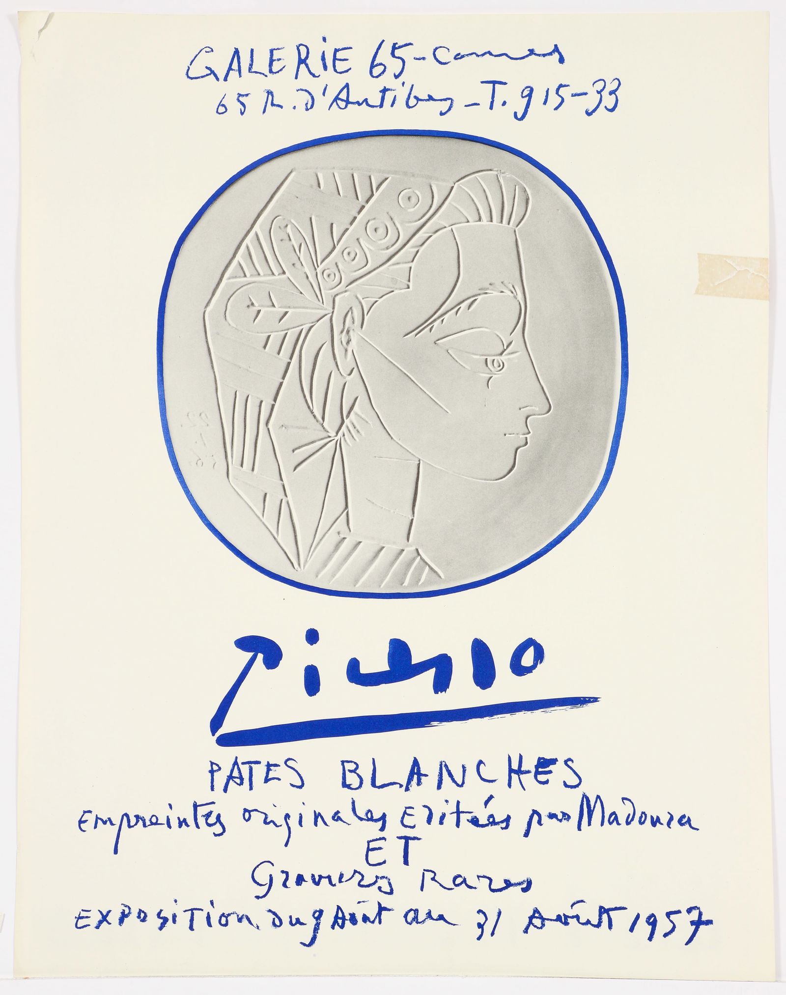 Pablo Picasso Pates Blaches 1957 Cannes Exhibition Poster: Picasso, after Pablo (Spanish, 1881-1973), Pates Blaches exhibition poster for Galerie 65, Cannes, 1957, offset lithograph, edition of 500, sheet size 22.75 x 17.75.