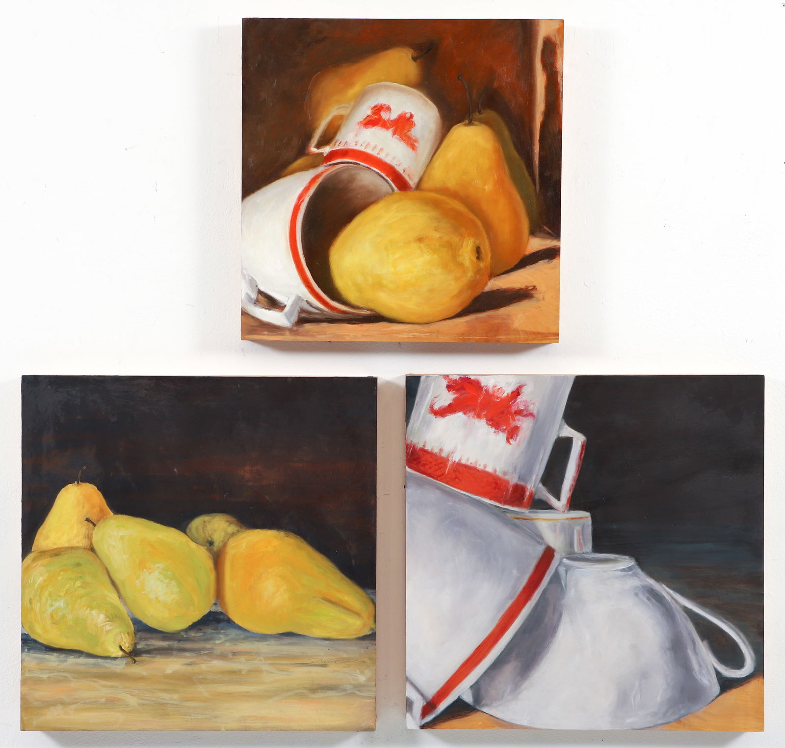 3 Judith Solomon ptgs Oil on Board Pears and Teacups: Solomon, Judith (American/Ohio/Cleveland, Contemporary), Group of 3 paintings, Pears and Teacups, oil on board, all signed and dated verso. Unframed. Two are 20 x 20 inches, and one is 18 x 18 inches.
