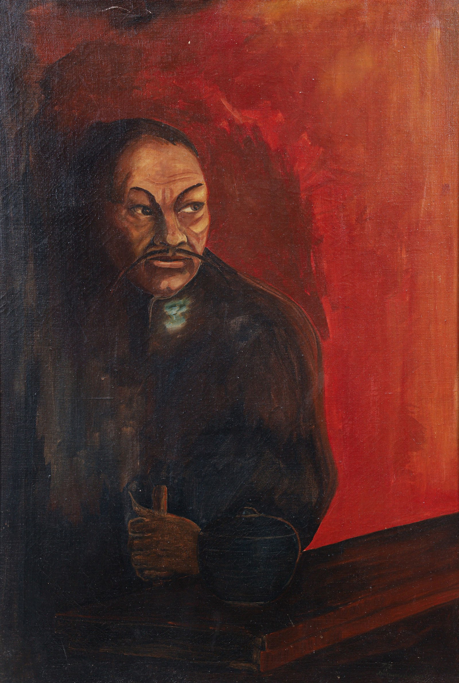 Portrait of a Man Oil Painting with illegible signature: Unknown artist, Portrait of a Man, 20th century, oil on canvas, illegibly signed lower right (J.R. or J.W. Shom), 38.5 x 26 inches, frames 42.25 x 29.75 inches.