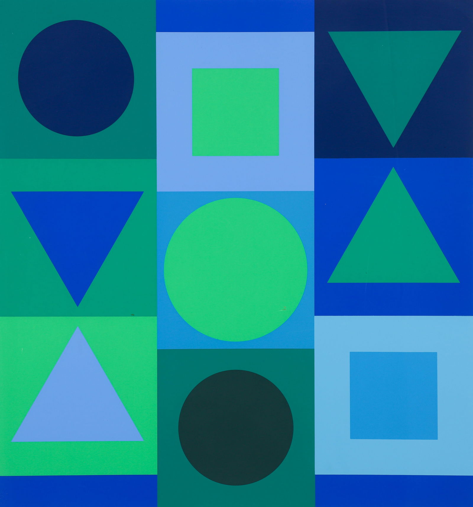 Victor Vasarely 1960s orig serigraph Blue and Green: Vasarely, Victor (French/Hungarian, 1906-1997), Blue and Green, mid 1960's, serigraph printed in colors, 23.5 x 22 inches, pencil signed and numbered 30/175, with a Denise Rene blind stamp, framed in