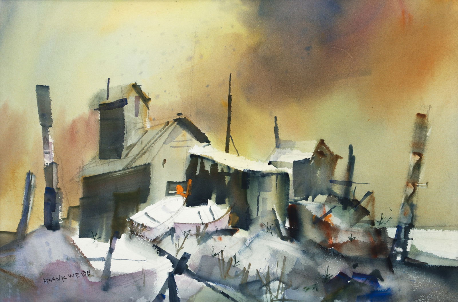 Frank Webb watercolor Fishing Shacks: Webb AWS, Frank (American/Western Pa. 1927-2022), Fishing Shacks, watercolor, 14.25 x 21.75 inches, signed lower left, framed measuring 26 x 34 inches