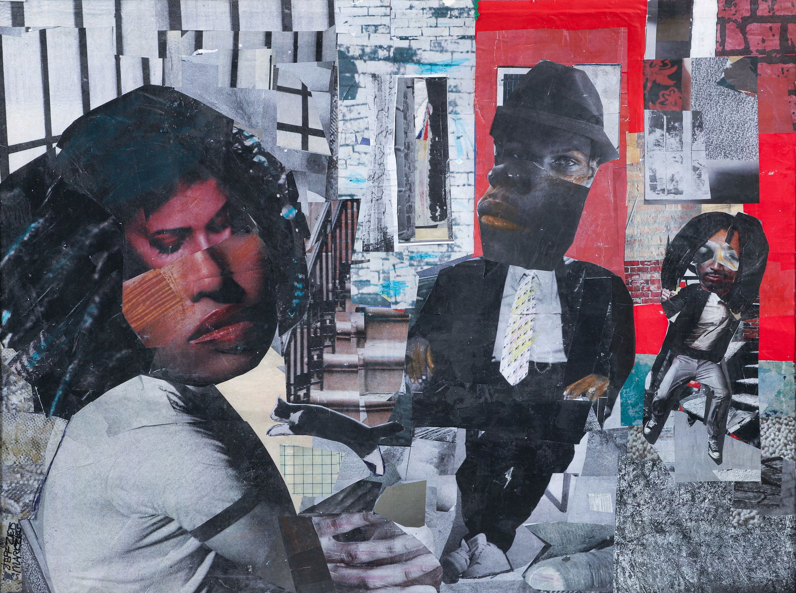 Zets Brothers collage Diamond: Zets, Jeff and Mark (American/Pittsburgh), Diamond, collage, tape and painting, 30 x 40 inches, signed lower left, black metal frame. The Pittsburgh-based Zets Brothers are known for the outsider/folk