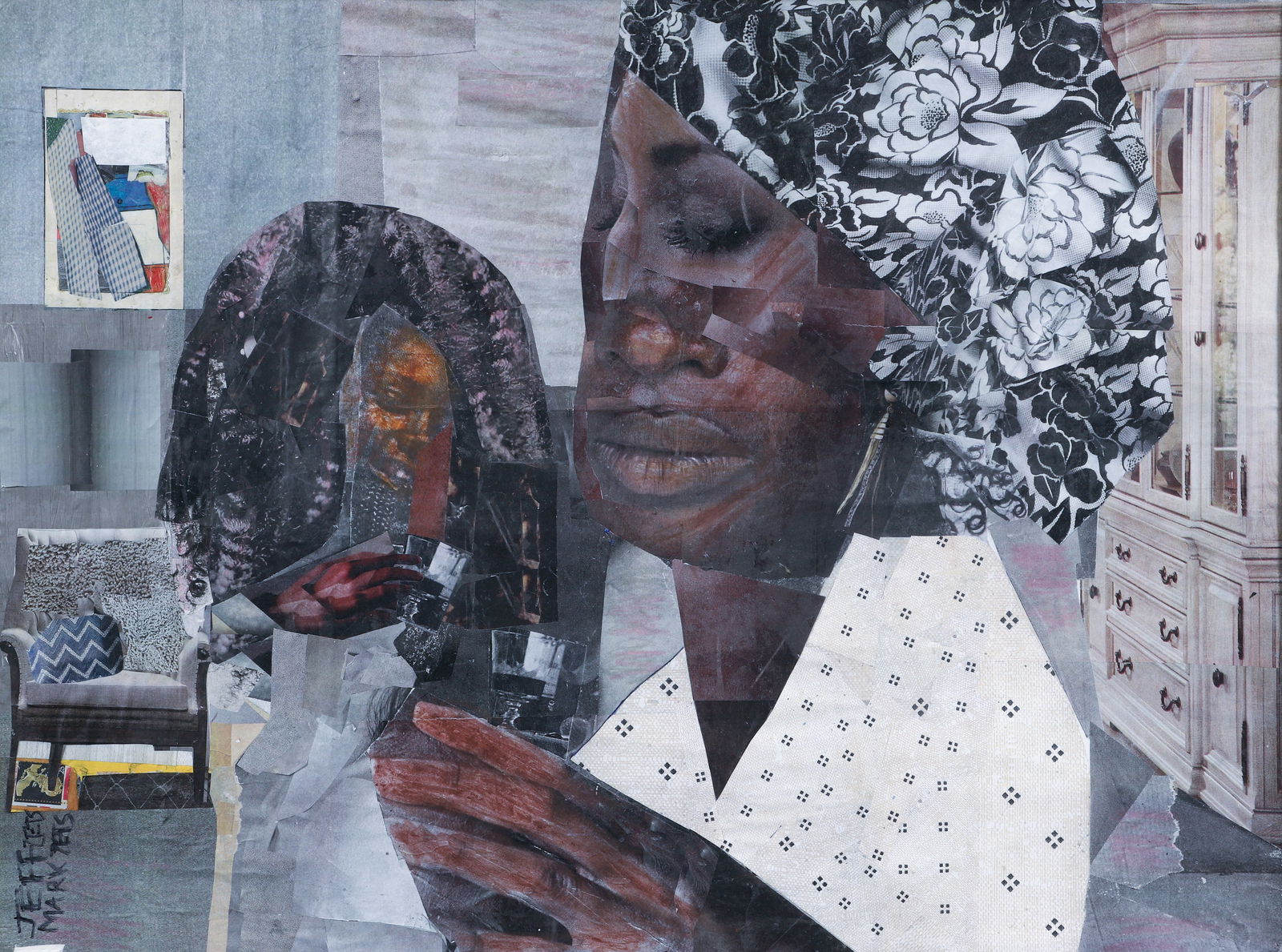 Zets Brothers collage Patrice: Zets, Jeff and Mark (American/Western Pa. 20th Century), Patrice, collage and painting, 30 x 40 inches, signed lower left, black metal frame. The Pittsburgh-based Zets Brothers are known for the outsi