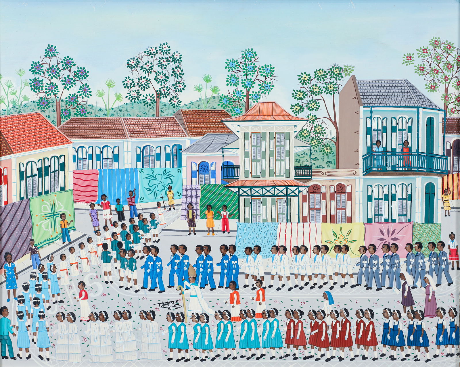 Francois Augustin painting Communion Solennelle: Augustin, Francois (20th Century Haitian), Communion Solennelle Procession, tempera on board, 24 x 30 inches, signed lower center, framed measuring 26 x 32 inches