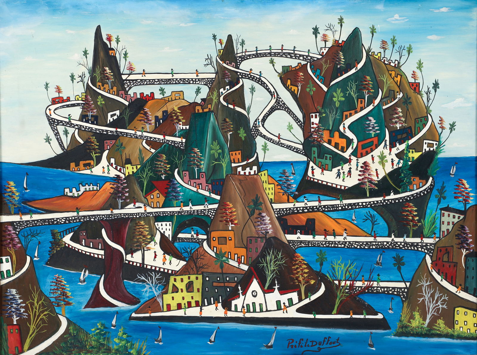 Prefete Duffaut painting Imaginary City: Duffaut, Prefete (Haitian/Jacmel, 1923-2012), Imaginary Island Landscape, oil on wood panel, 24.5 x 32 inches, signed lower right, framed measuring 26 x 34 inches, Provenance: Rizoli Gallery,