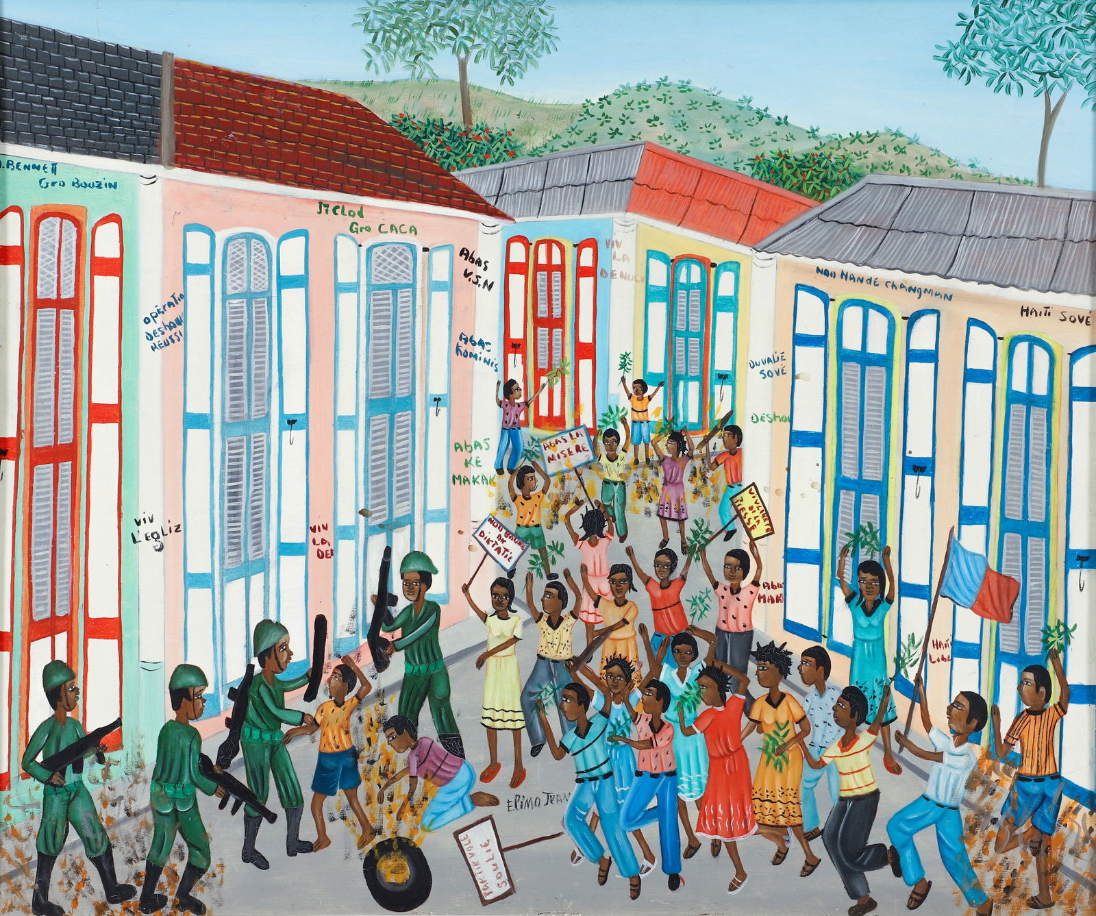 Attributed to Eugene Jean painting Anti Duvalier Demonstration (1 of 3)