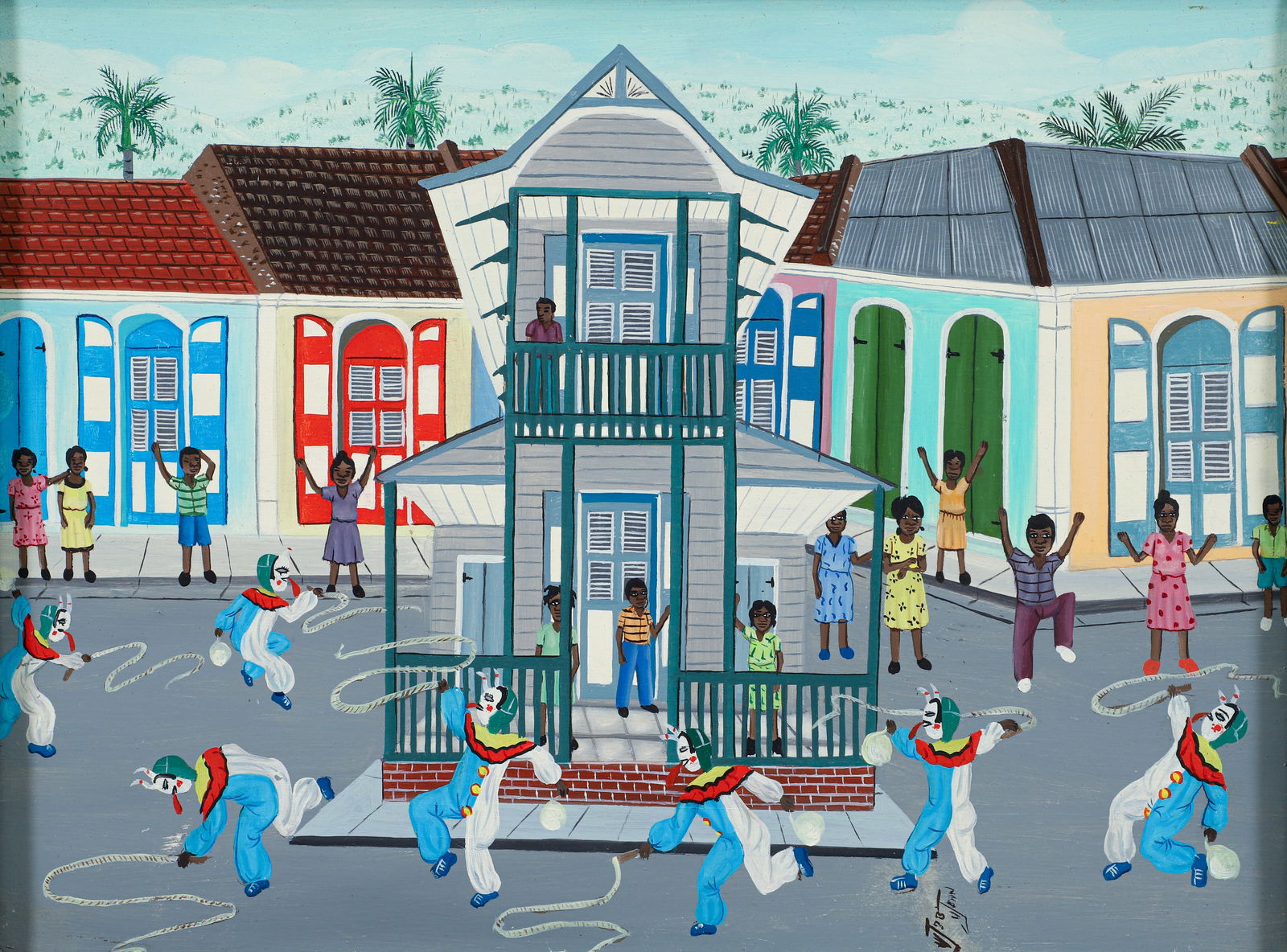 Jean-Baptiste Jean painting Carnival Street Performers: Jean, Jean Baptiste (Haitian 1953-2002), Carnival Street Performers, 1980's, tempera on board, 12 x 16 inches, signed lower right, framed in painted wood strips measuring 13 x 17 inches