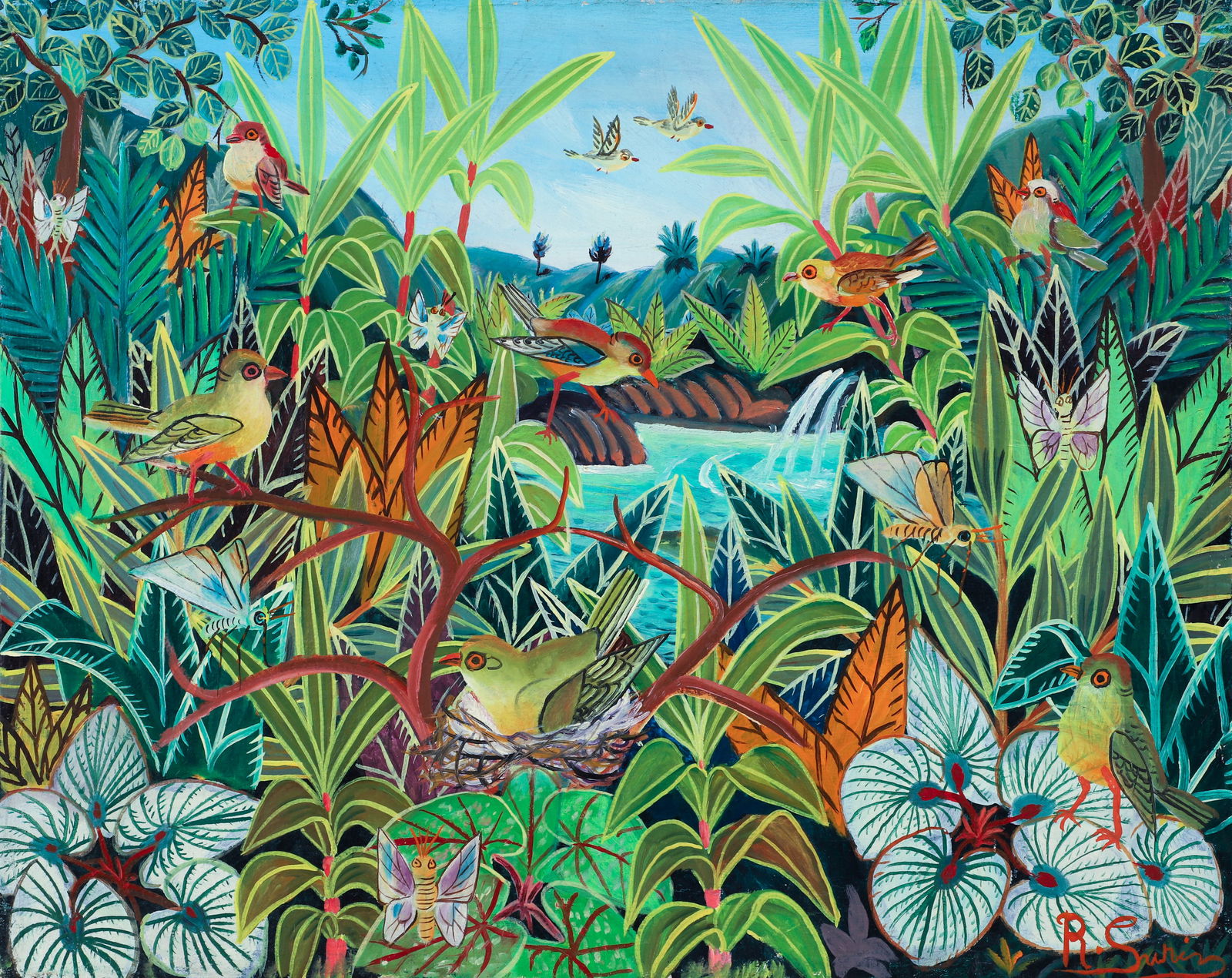 R. Surin oil on canvas Jungle Flora and Fauna: Surin, R. (20th Century Haitian School), Jungle Flora and Fauna, 1980's, acrylic on canvas, 16 x 20 inches, signed lower right, framed in a strip frame,