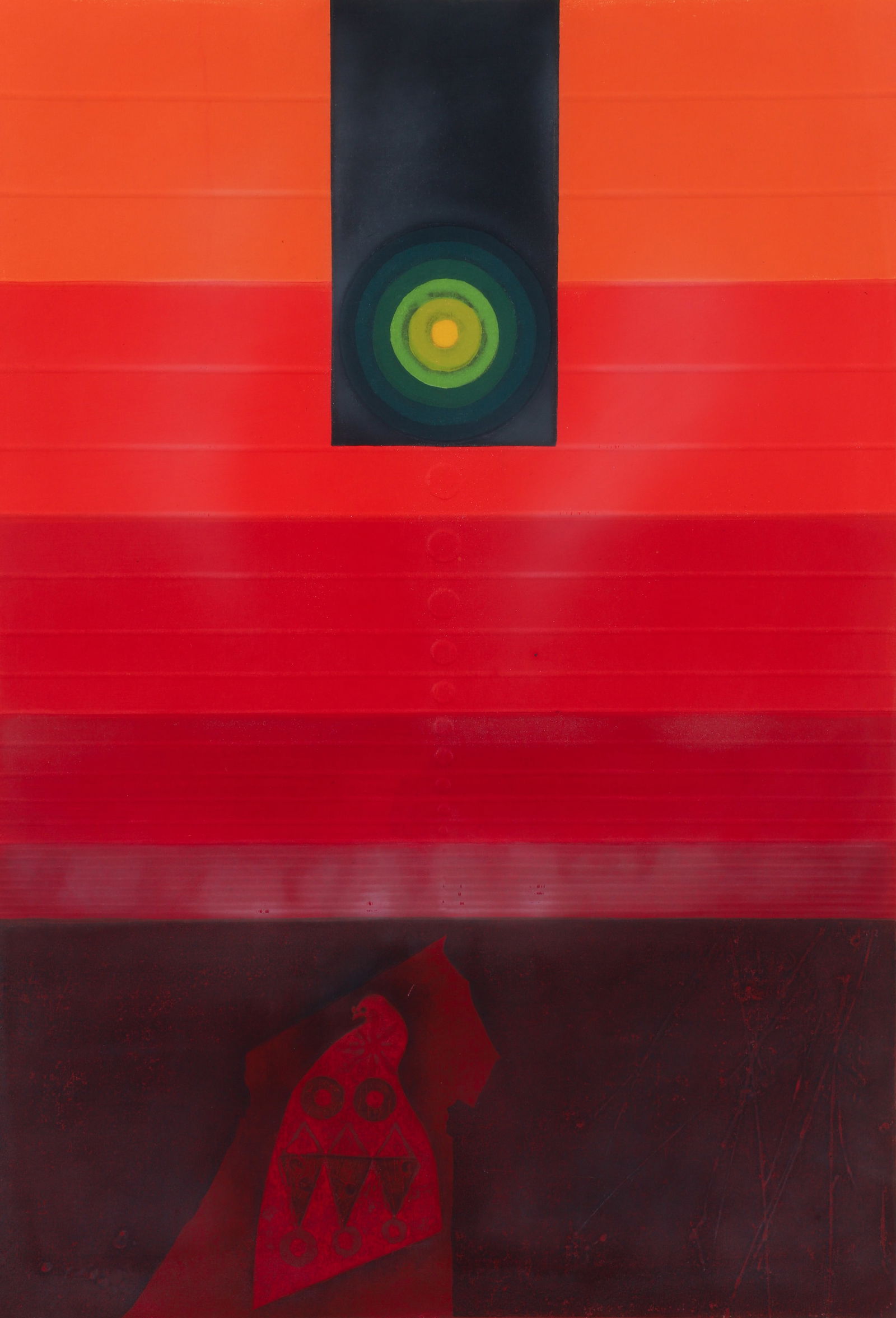 Kunihiro Amano 1968 color woodcut Fossil A Flower and a Bird (1 of 3)