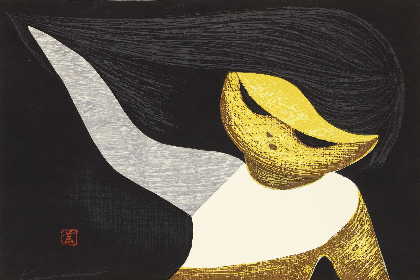 Kaoru Kawano 1950s color woodcut Gentle Breeze (1 of 3)