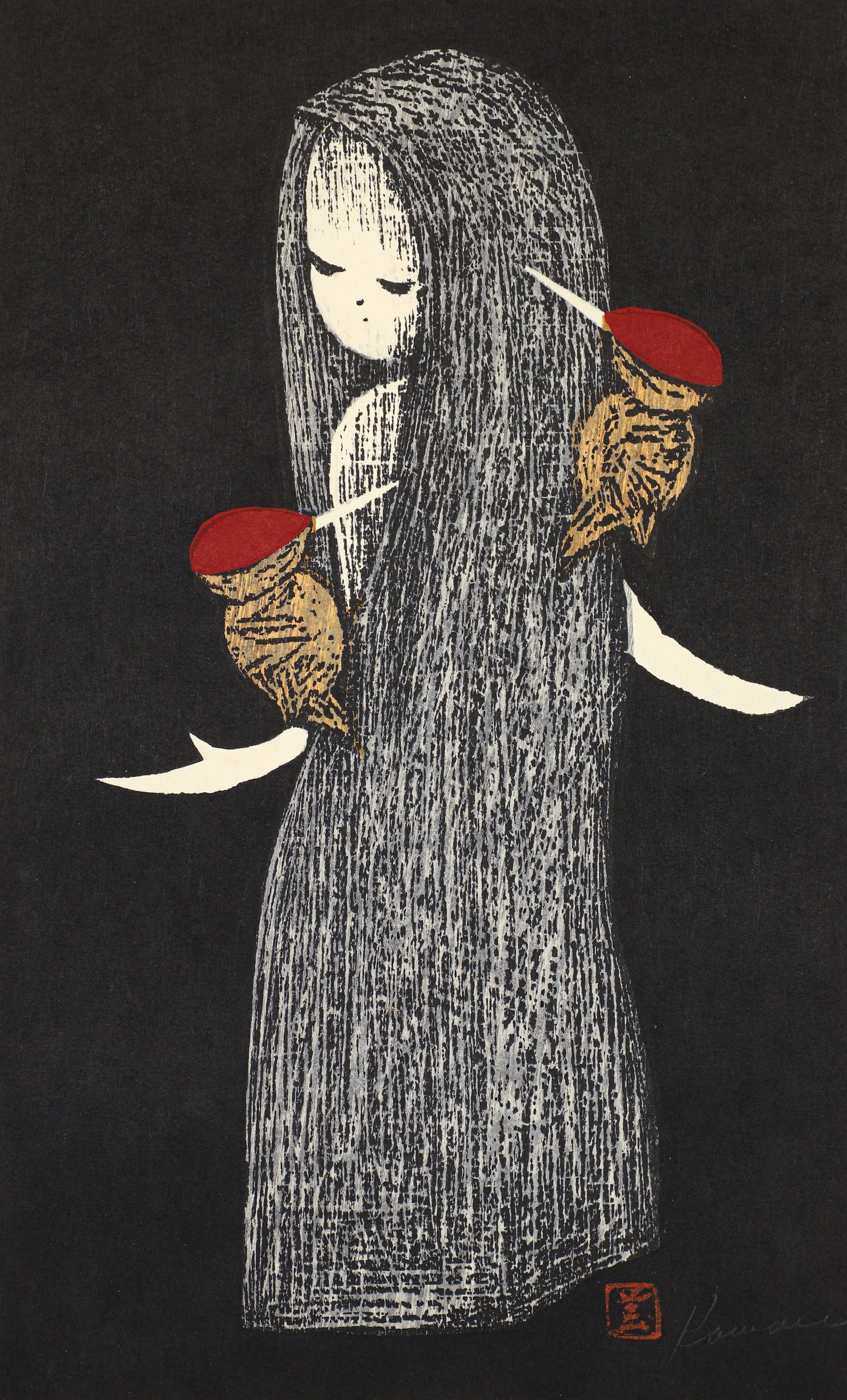 Kaoru Kawano 1950s color woodcut Woodpeckers (1 of 4)