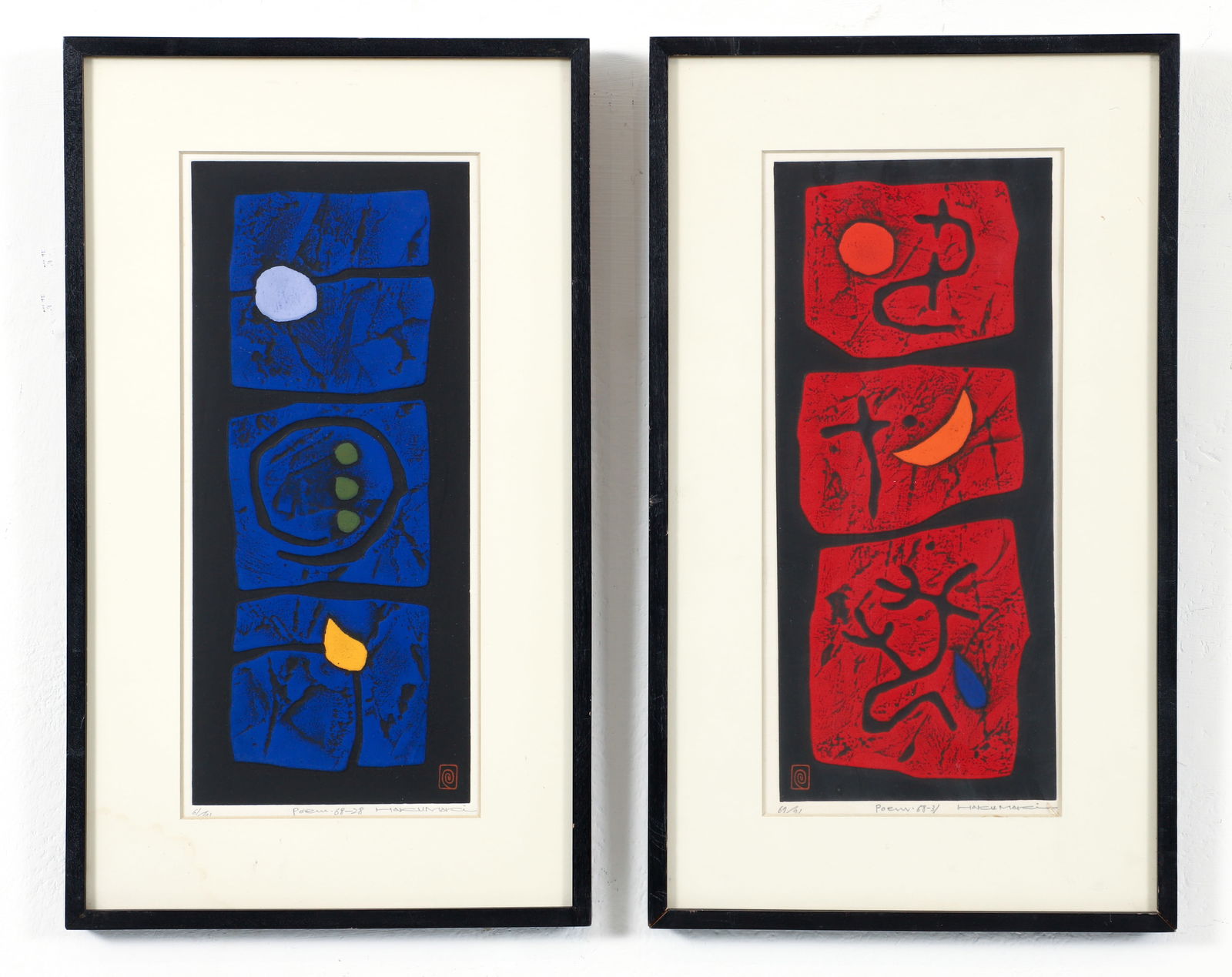 2 Haku Maki color woodblocks Poem 68-28 and Poem 68-31: Maki, Haku (Japanese, 1924-2000), Poem 68-28 and Poem 68-31, color woodblock and embossing, 11.25 x 4.75 inches, pencil signed, titled, and 61/91, framed measuring 16 x 9.5 inches