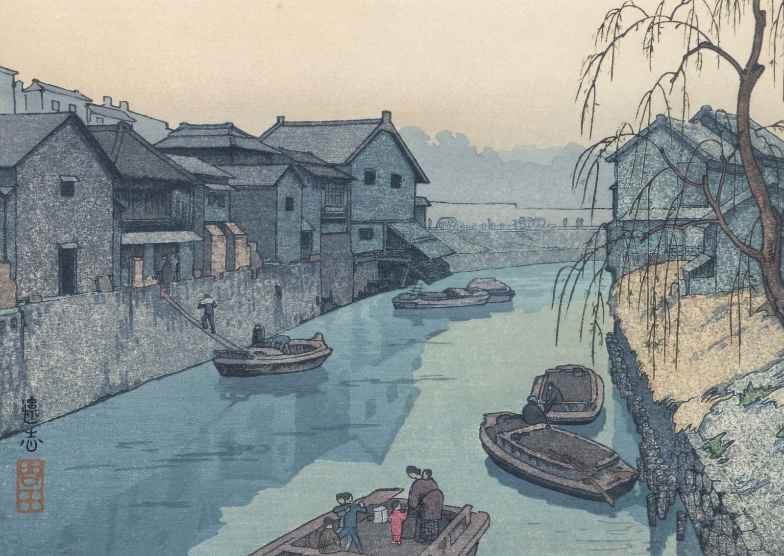 Toshi Yoshida 1939 color woodcut Lidabashi: Yoshida, Toshi (Japanese, 1911-1995), Lidabashi, 1939, (from series Daytime in Tokyo), color woodblock first printed in 1939, 6.75 x 9.25 inches, pencil signed and stampted with title, framed measurin