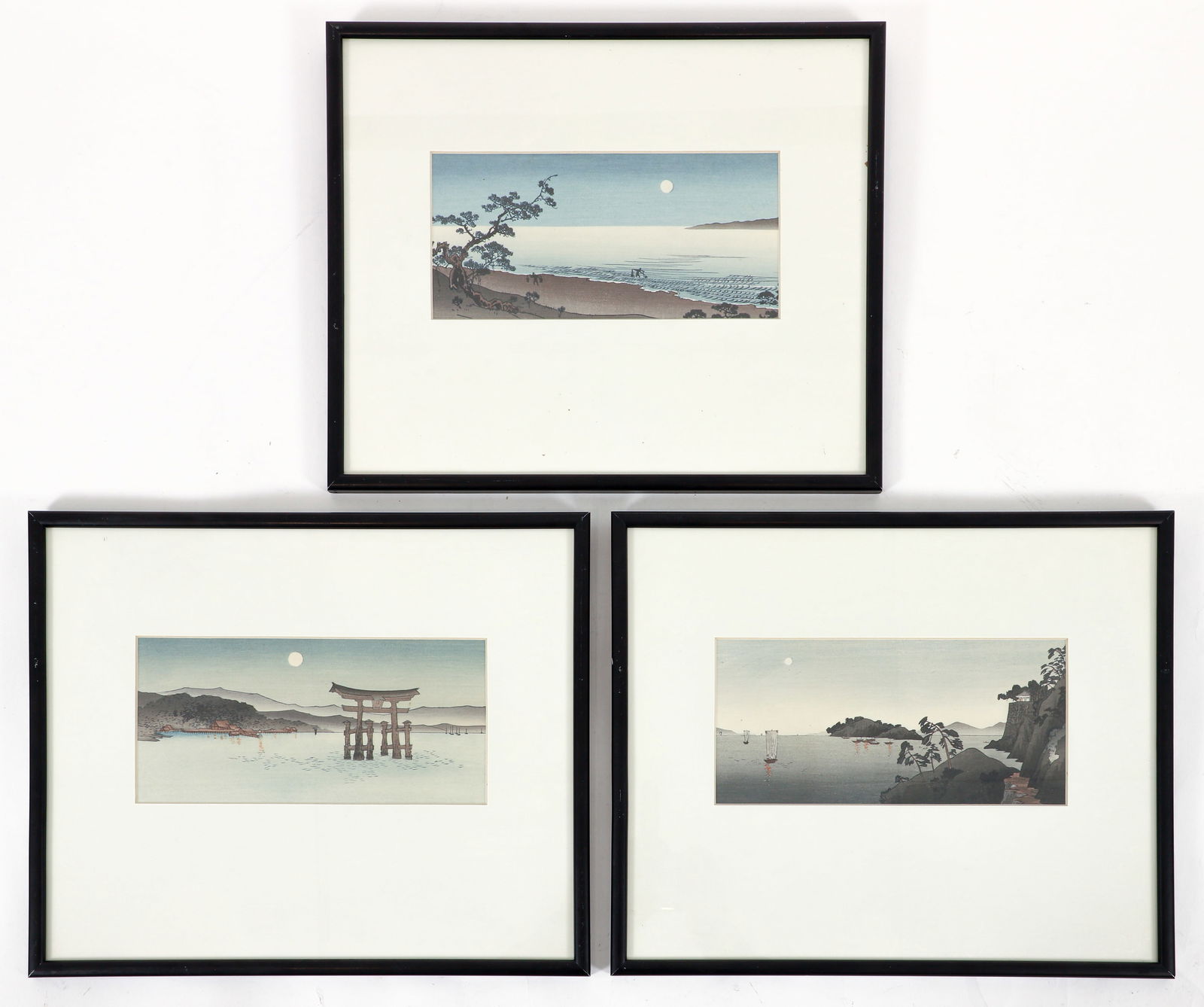 3 Yoshimoto Gesso color woodblocks of Coastal Landscape, incl. Itsukushima Shrine: Gesso, Yoshimoto (Japanese 1881-1936), 3 Coastal Landscapes, (Itsukushima Shrine, and two other Coastal Landscapes, color woodcuts, 5.5 x 12.5 inches, framed measuring 13.5 x 16 inches, Provenance: Ka