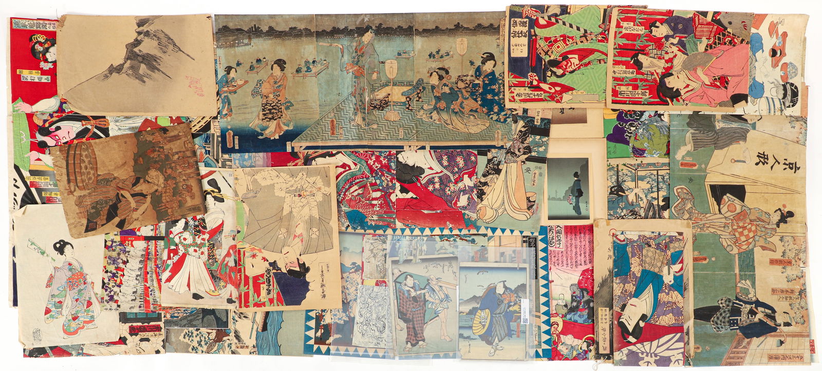Large Group of Japanese Ukiyo-e Woodblock Prints: Group of over 25 Japanese Ukiyo-e Woodblock Prints, largest measures 28.5 x 14.25 inches, unframed.