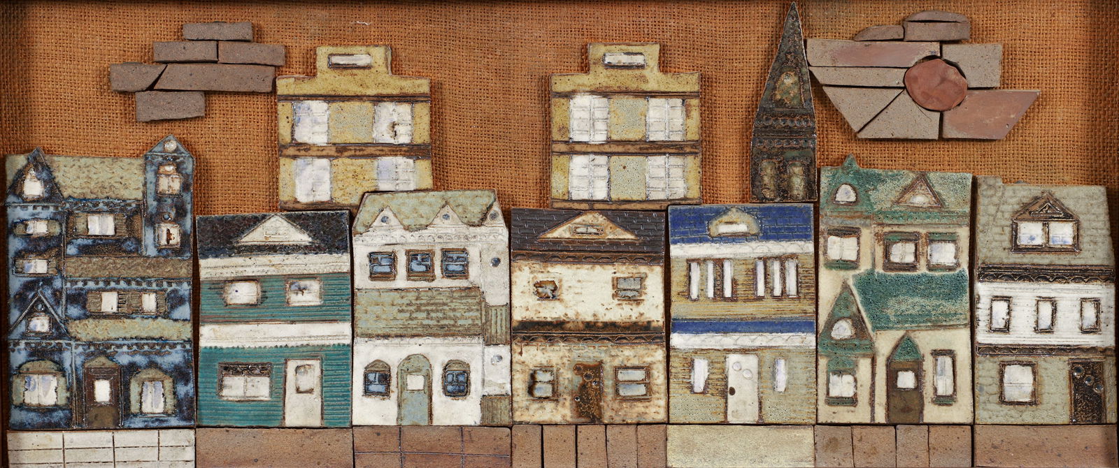 Beatrice Golanty Mixed Media My Street: Golanty, Beatrice (American/Pittsburgh, d.2015), My Street, 1970s, mixed media relief with glazed ceramic, rocks, stone and wood. Signed and titled on the back panel. 31 x 17 inches framed.