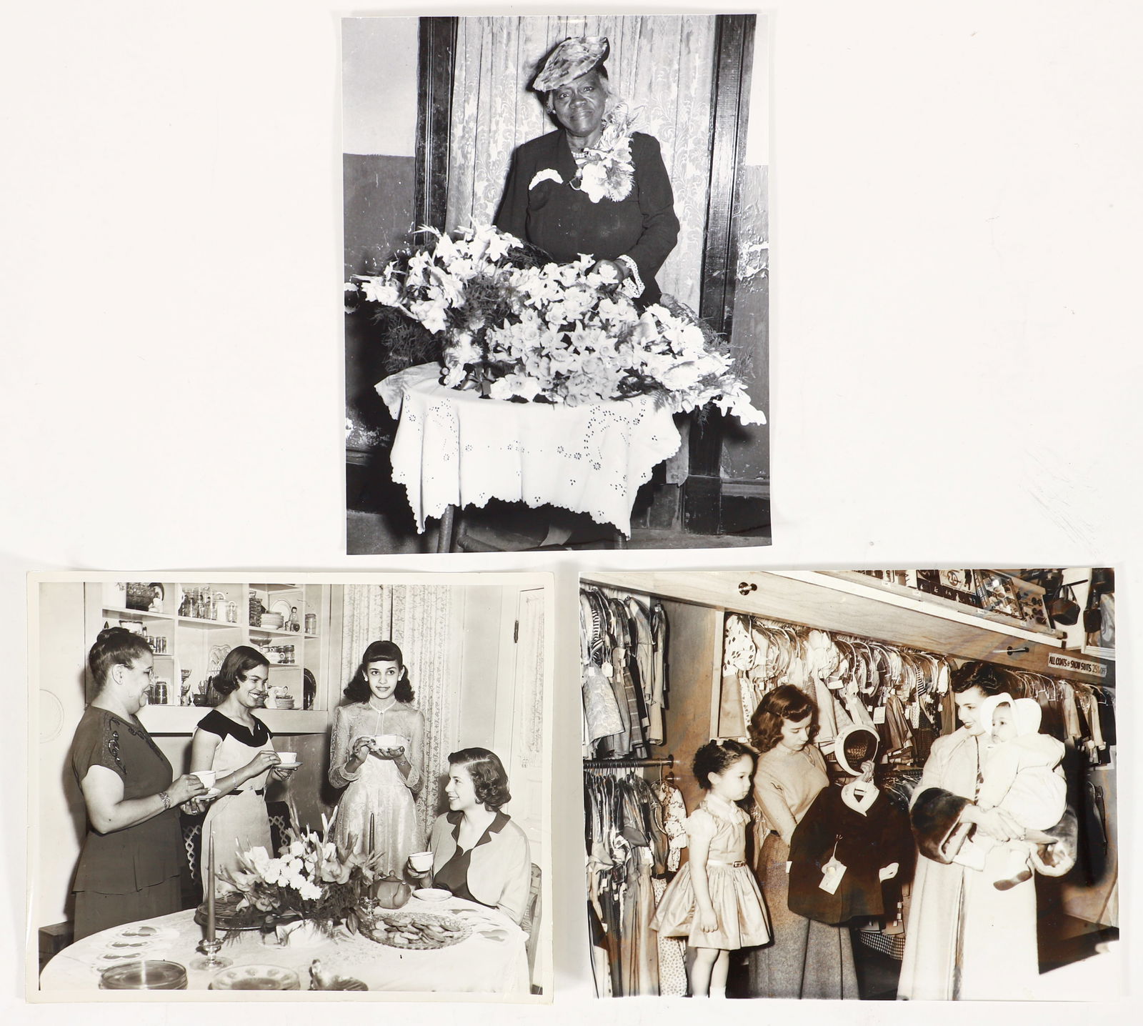 3 Teenie Harris photos featuring Doctor Mary McLeod, Ladies Luncheon, and Looking at Coats in Store: Harris, Charles (Teenie) (American/Pittsburgh, 1908-1998), 3 gelatin silver prints 8 x 10 inches, Portrait of Doctor Mary McLeod Bethune wearing corsage and hat, posing with a large floral arrangement