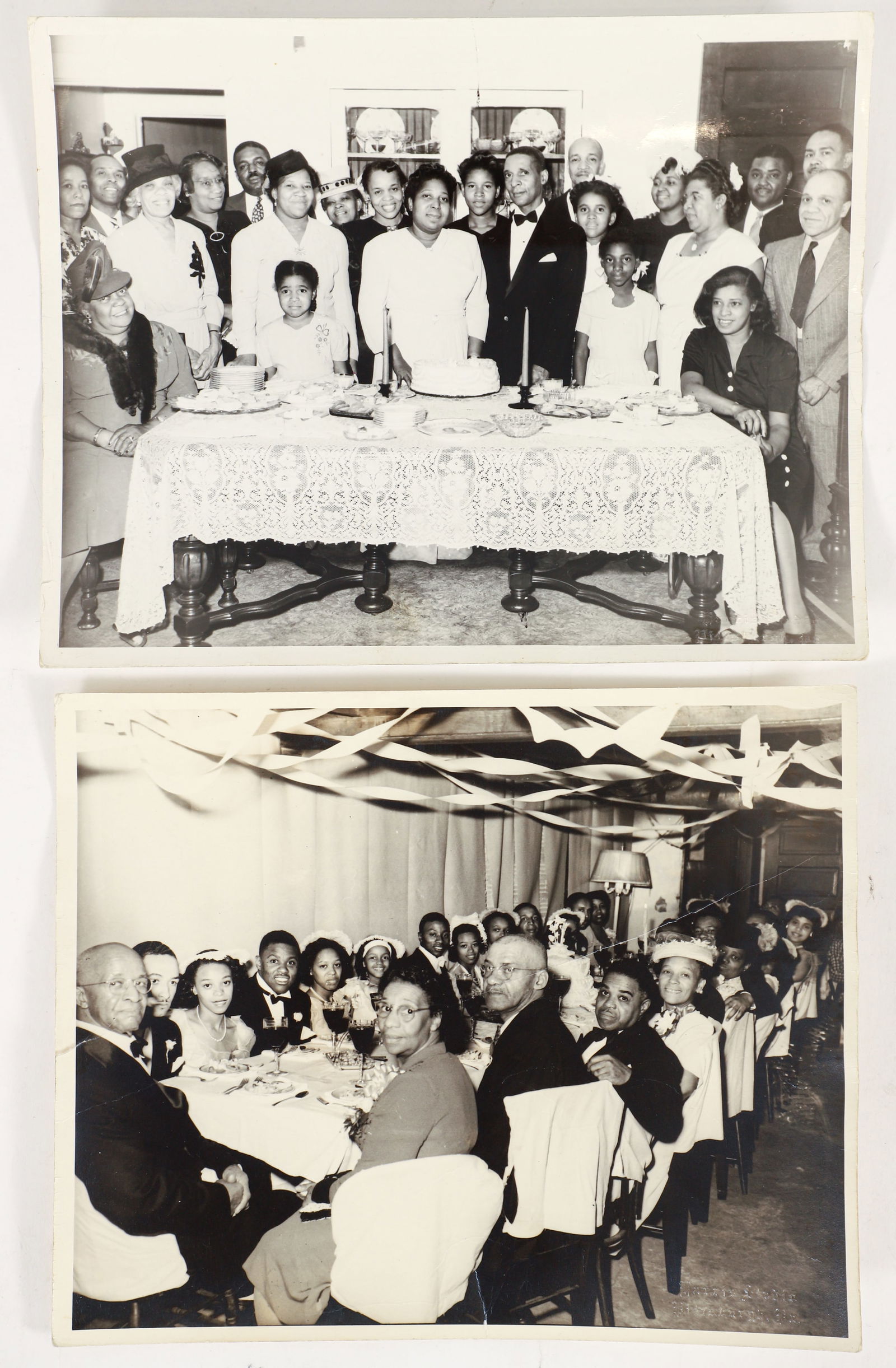 2 Teenie Harris photos Wedding Celebration and Domestic Celebration: Harris, Charles (Teenie) (American/Pittsburgh, 1908-1998), Women and men, including wedding party, seated around banquet table, in interior decorated with twisted crepe paper streamers, possibly for W