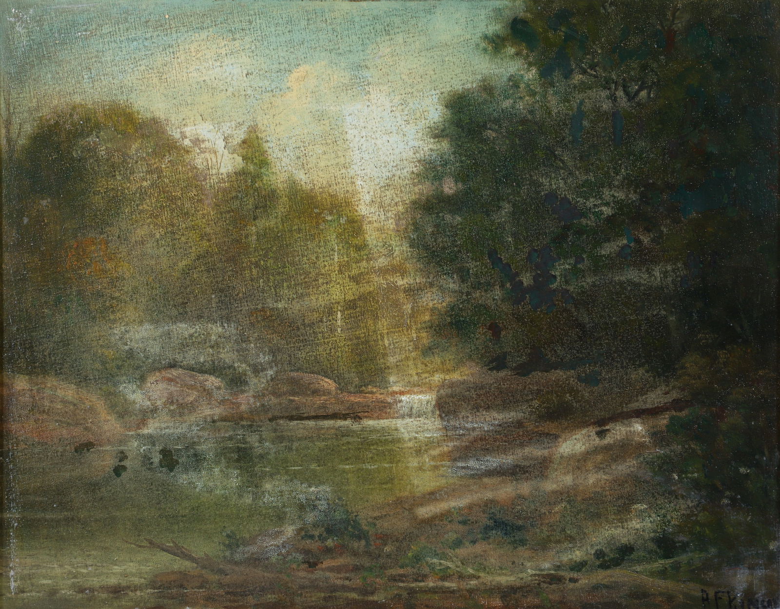 A. F. King oil painting Spring Landscape: King, Albert F (American, 1854-1945), Spring Landscape, oil on canvasboard, 11.5 x 14.5 inches, signed lower right, framed in a gilded early 20th Century Frame measuring 16 x 18.5 inches, Provenance: