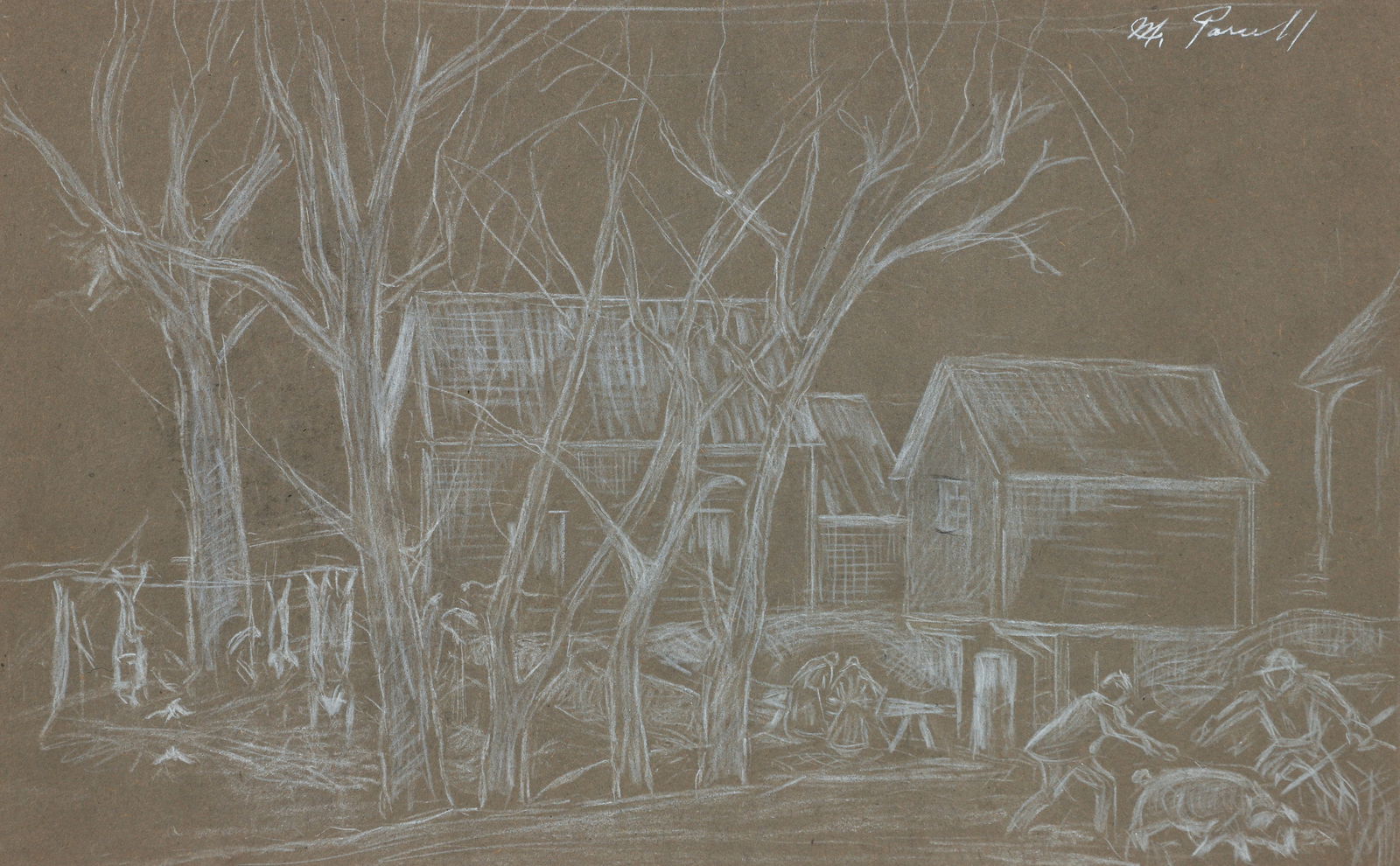 Malcom Parcell chalk drawing drawing Butchering Pork Outdoors: Parcell, Malcolm (American/Western PA, 1896-1987), Butchering Pork in Farmyard, white chalk on grey paper, 8.25 x 13 inches, signed M. Parcell upper right, framed measuring 17 x 22 inches, Provenance: