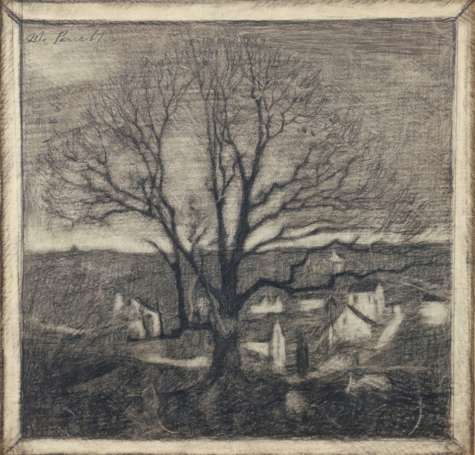 Malcom Parcell charcoal drawing Western Pennsylvania Town: Parcell, Malcolm (American/Western PA, 1896-1987), Western Pennsylvania Hillside Town, circa 1930, charcoal and pencil, 9 x 9 inches, signed M. Parcell upper left, framed measuring 16.5 x 17 inches, P