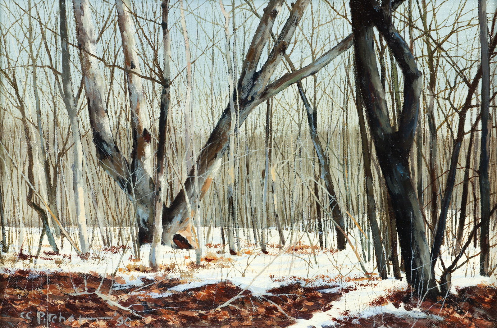 Charles Pitcher 1990 oil painting Light Snow: Pitcher, Charles (Charlie) (American, 1927-2009), Light Snow, 1990, oil on canvas on baord, 7.5 x 11.25 inches, signed and dated lower left, framed measuring 11 x 15 inches, inscribed 'On Scaggy Rd. 5