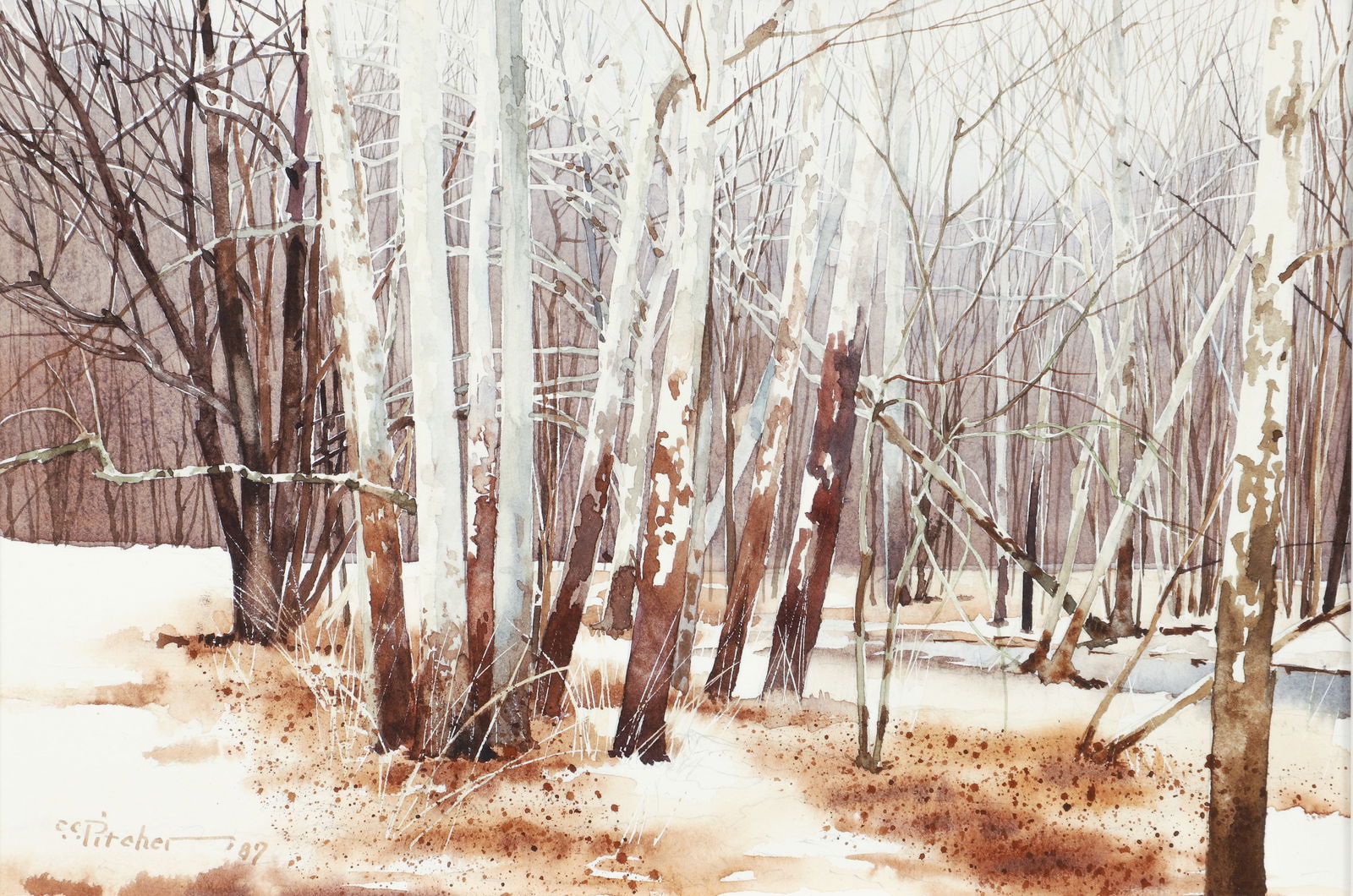 Charles Pitcher 1987 watercolor Old Friends: Pitcher, Charles (Charlie) (American, 1927-2009), Old Friends, 1987, (P.712), watercolor, 5.5 x 9 inches, signed and dated lower left, framed measuring 12.5 x 15.5 inches; The Estate of Karen B. and D