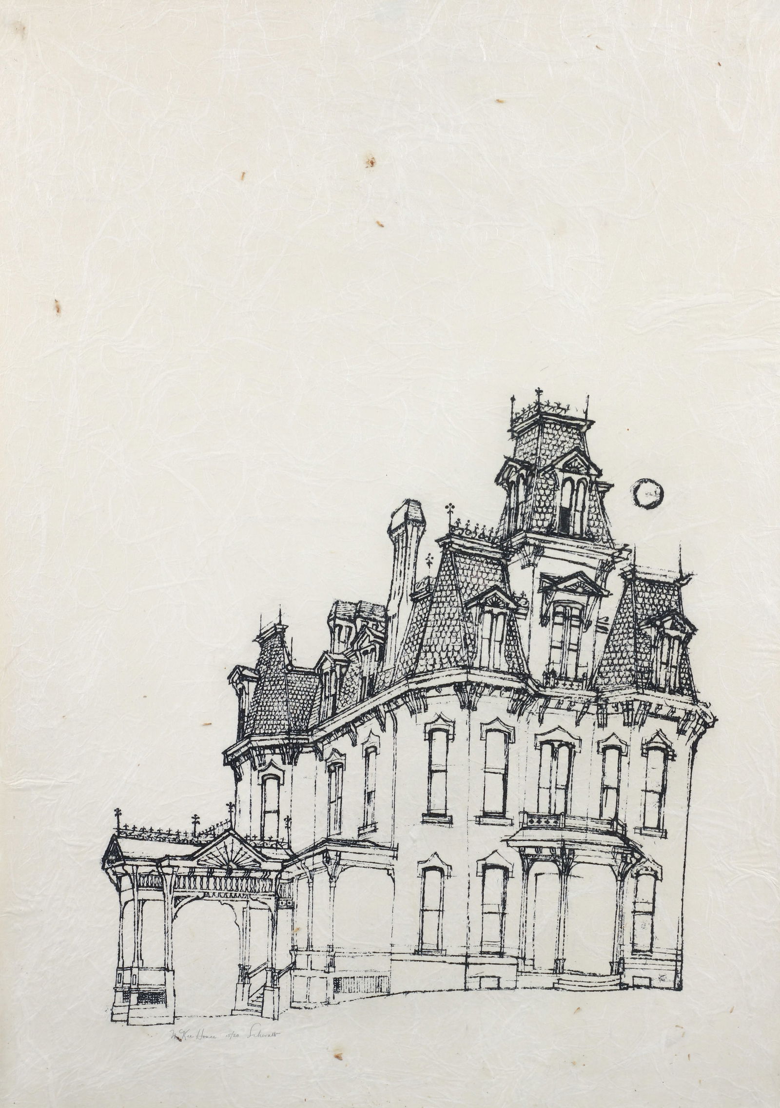 Harry Schwalb relief print McKee House Pittsburgh: Schwalb, Harry M. (American/Pittsburgh, 1924-2019), McKee House, 2001, relief print on Natsume rice paper, signed, titled and numbered 15/20 in pencil at bottom, 34 x 24 inches, in a metal frame 36 x