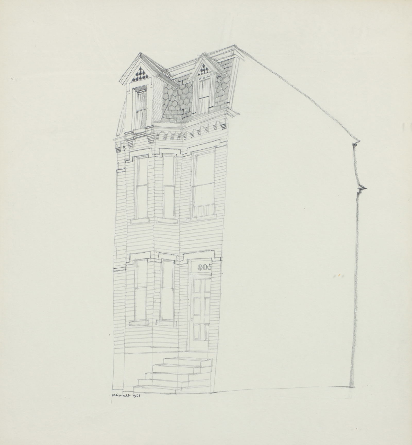 Harry Schwalb 1968 pencil drawing House with the Diamond Tiles (1 of 4)
