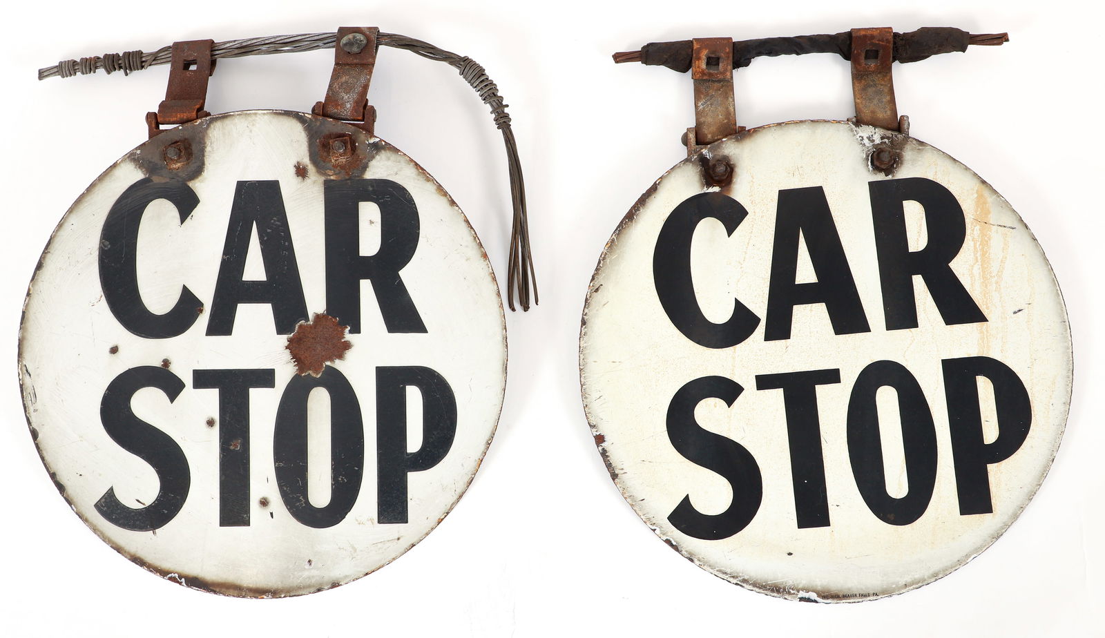 2 Early 20th Century Pittsburgh Streetcar Signs: 2 early 20th century Pittsburgh streetcar/trolley two-sided signs. Both circular metal "Car Stop" signs with black lettering on white porcelain enamel ground. Each with two cable attachment hinges at